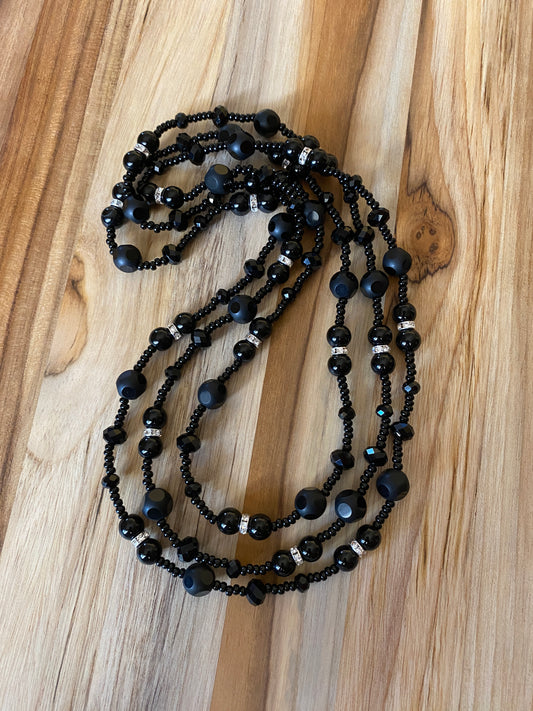 Extra Long Black Wraparound Necklace with Onyx and Glass Beads