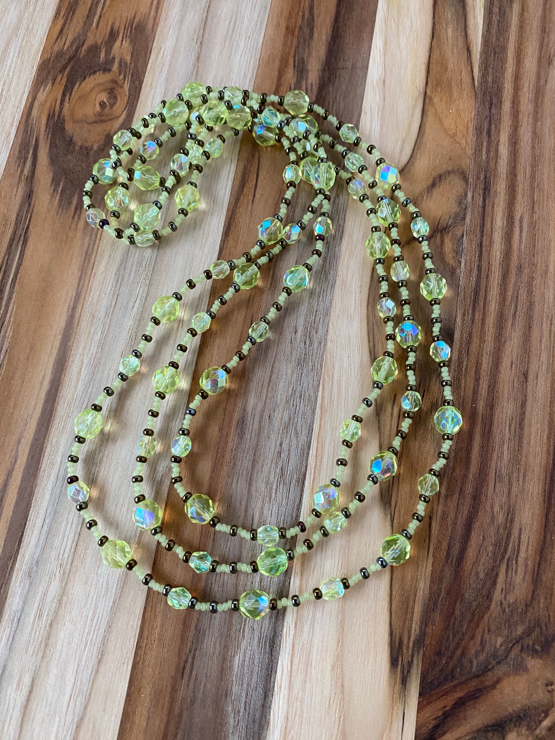 60" Extra Long Wraparound Jonquil AB Yellow Glass Necklace with Bronze seed beads - My Urban Gems