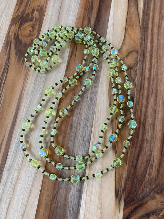60" Extra Long Wraparound Jonquil AB Yellow Glass Necklace with Bronze seed beads