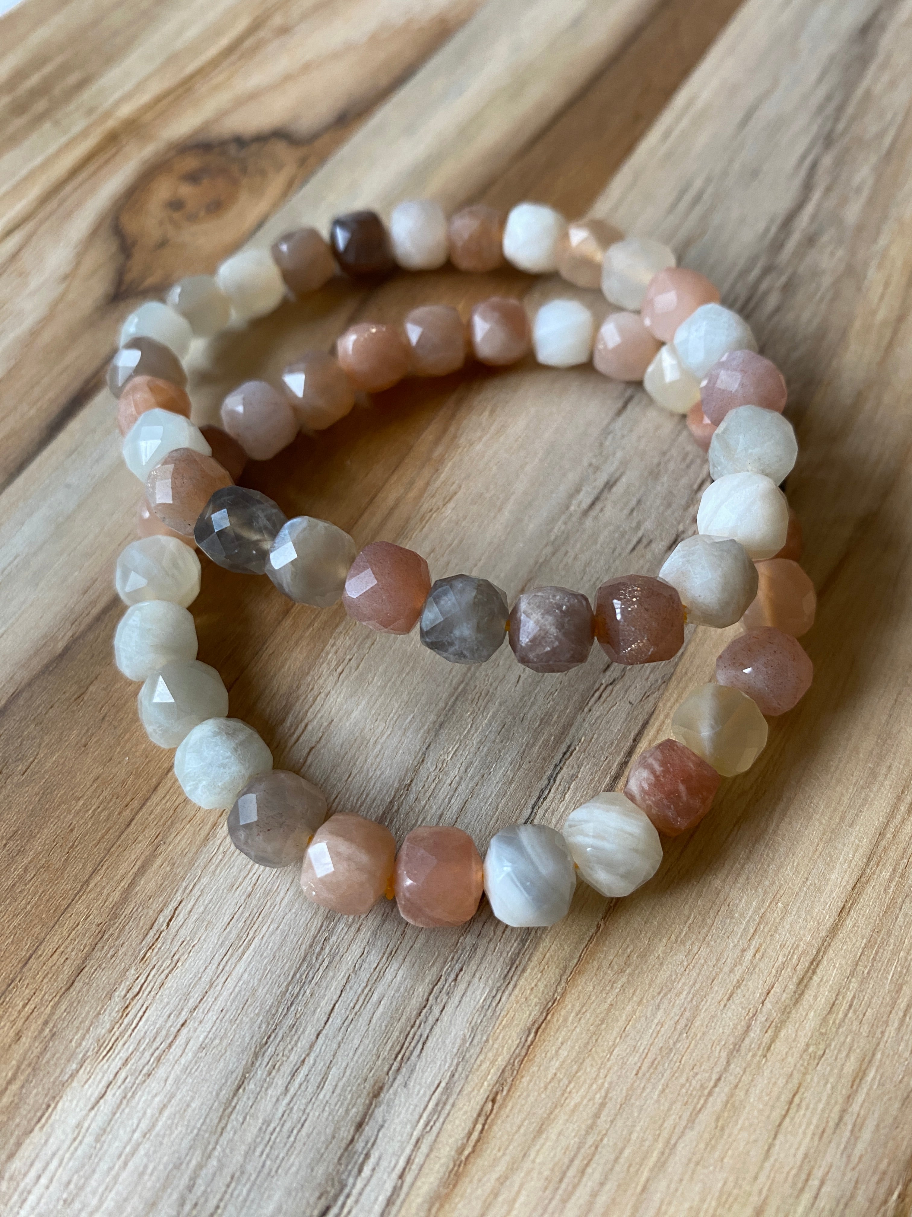 Multi-colored Moonstone and Sunstone Faceted Square Beaded Stretch Bracelet