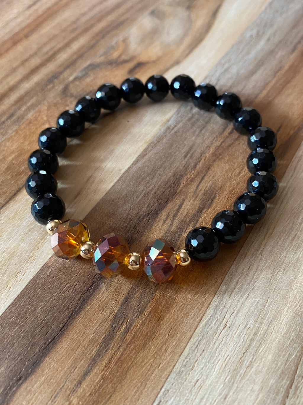 Black Faceted Onyx Beaded Stretch Bracelet with Amber Color Crystal Beads - My Urban Gems