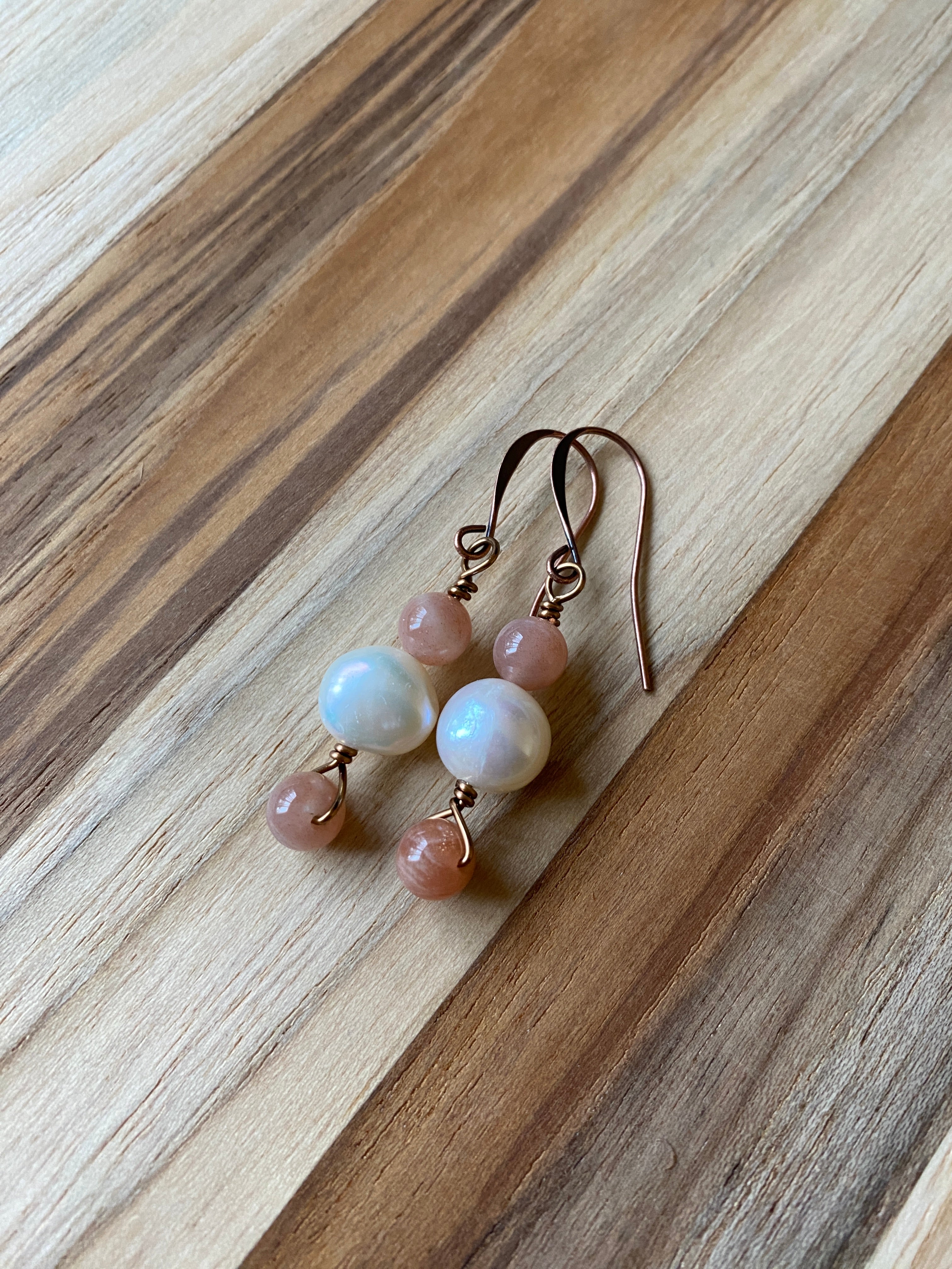White Freshwater Pearl and Sunstone Dangle Earrings with Copper