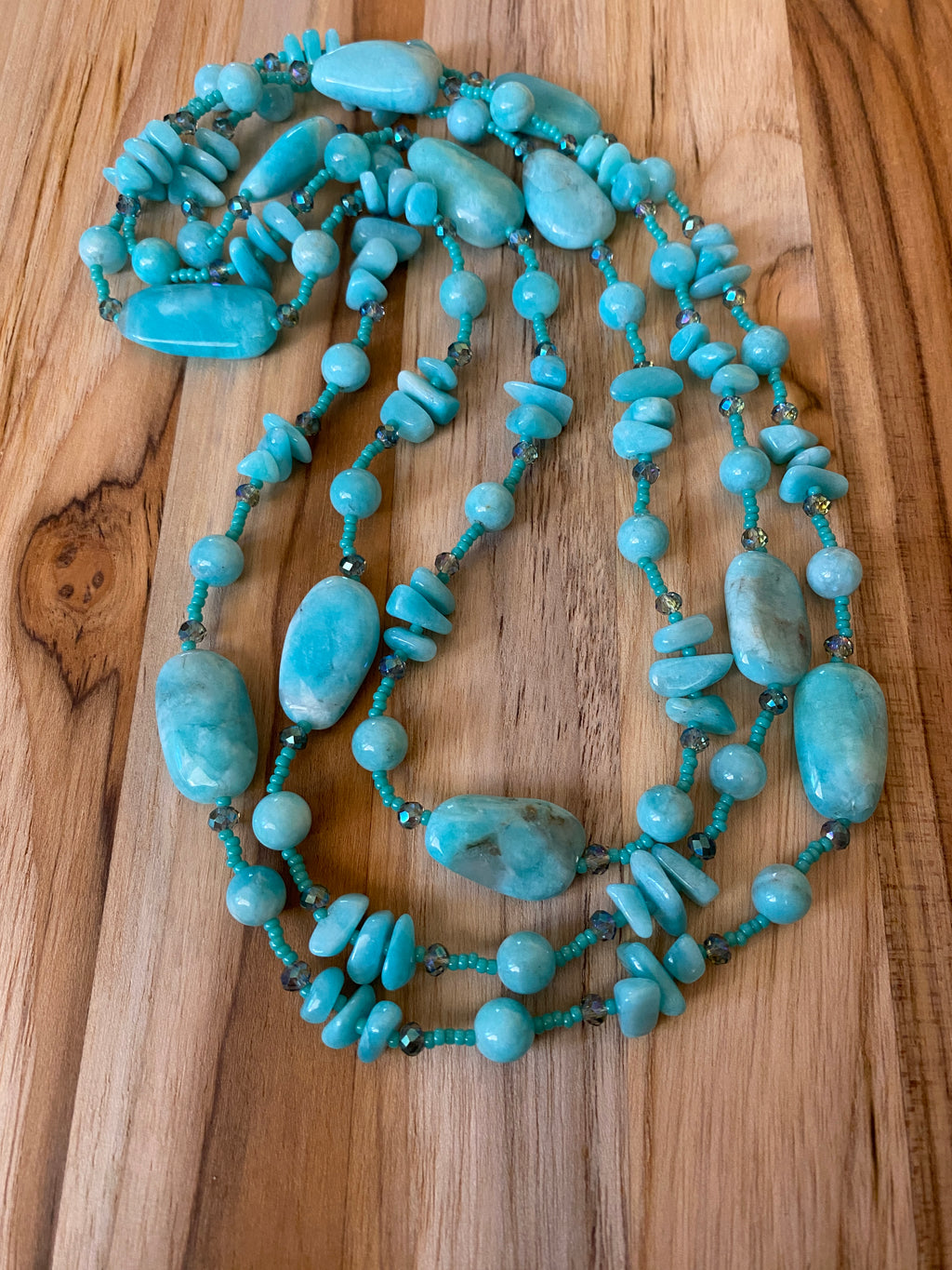 60" Extra Long Aqua Blue Beaded Amazonite Wraparound Necklace with Crystal & Seed Beads My Urban Gems