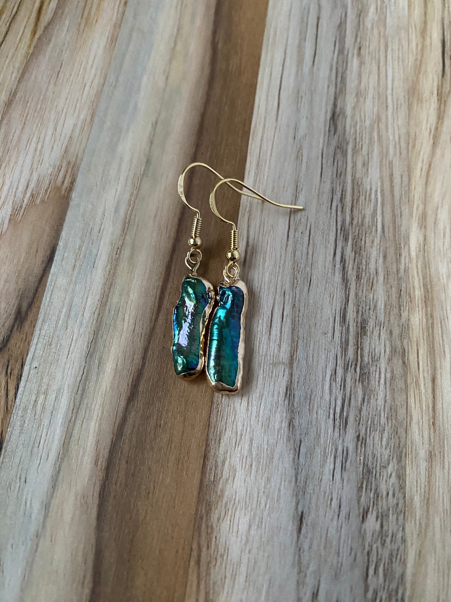 Dark Green Biwa Freshwater Pearl Dangle Earrings with Gold