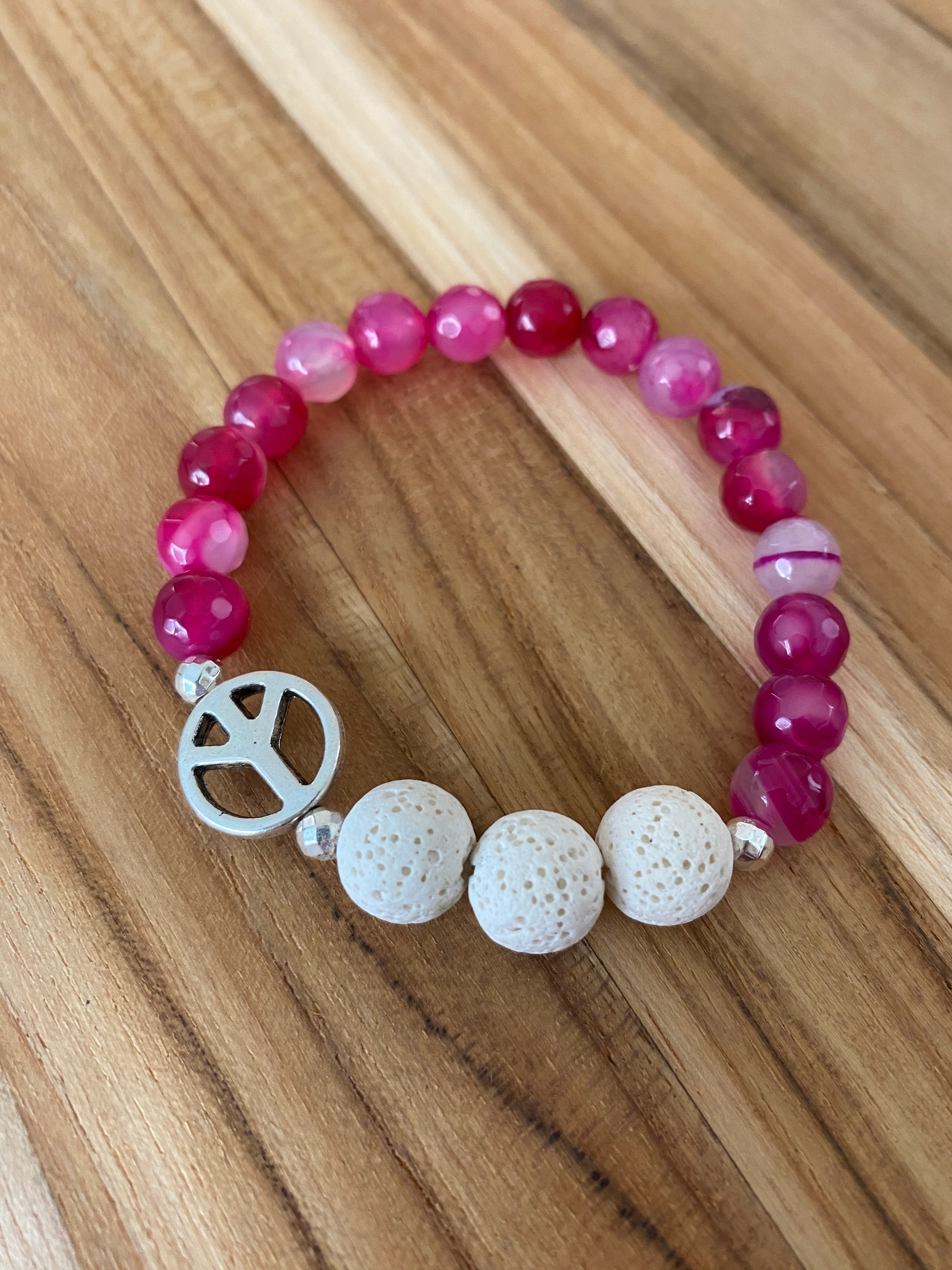 Pink Agate Beaded Aromatherapy Stretch Bracelet with Peace Sign