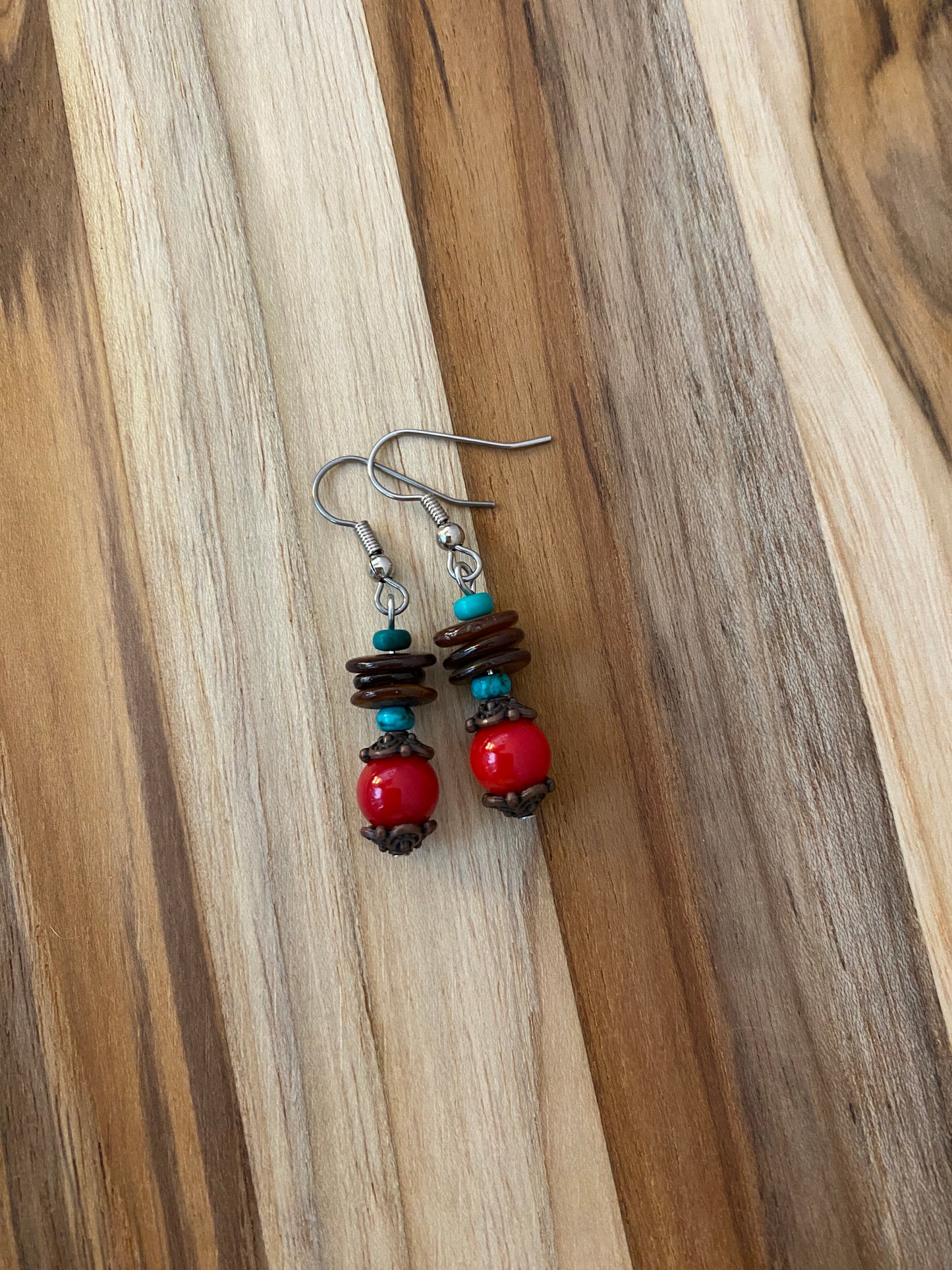 Coral, Brown Shell, Turquoise & Copper Dangle Earrings