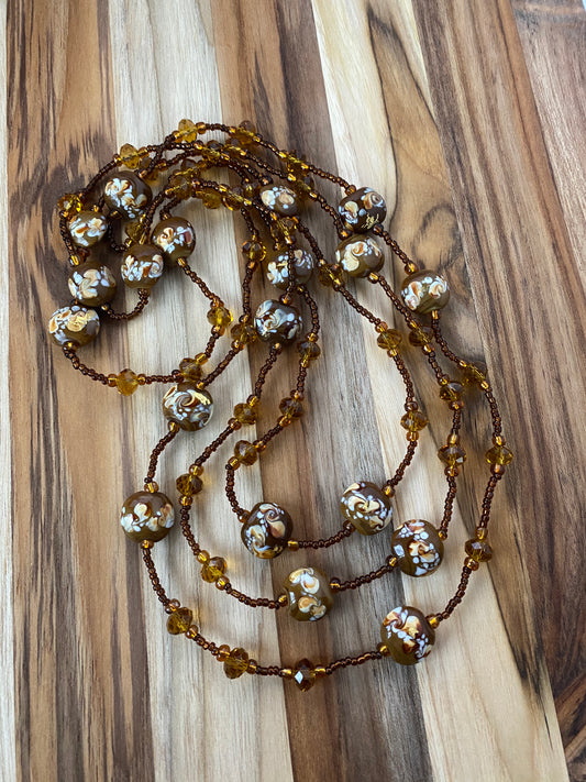 60" Brown Art Glass & Crystal Necklace