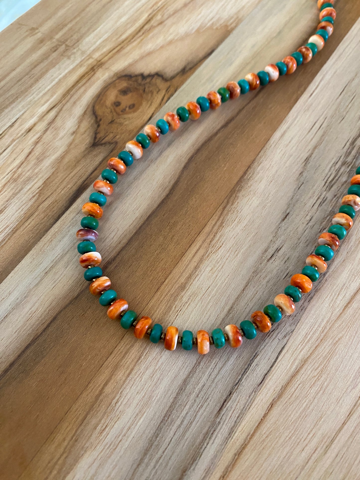 Orange Spiny Oyster and Natural Turquoise Beaded Necklace