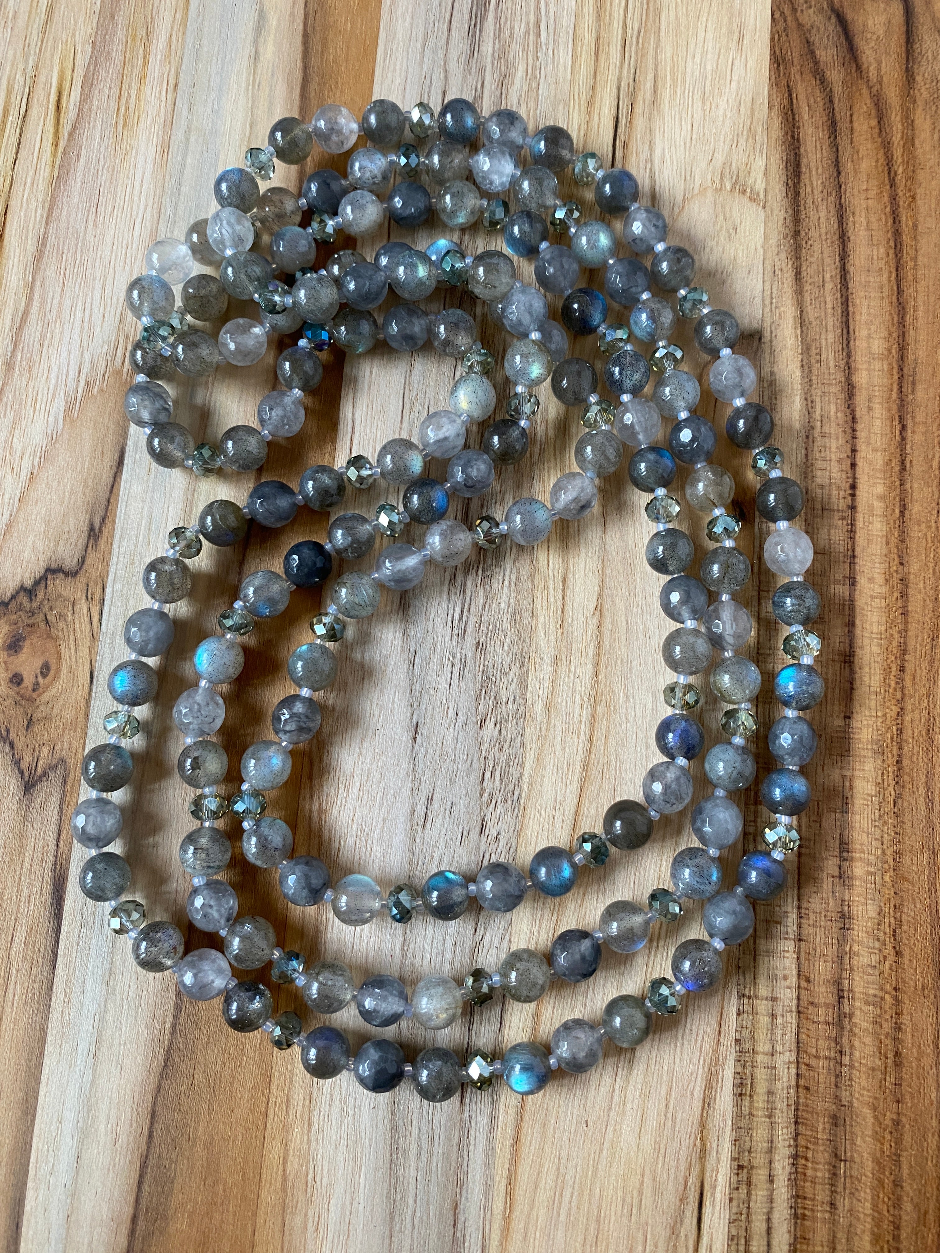 60" Extra Long Wraparound Beaded Necklace with Labradorite Grey Quartz & Crystal Beads - My Urban Gems