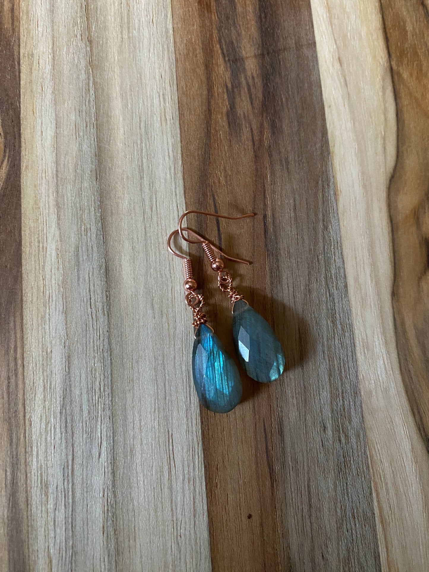 Copper Wire Wrapped Labradorite Briolette Dangle Earrings