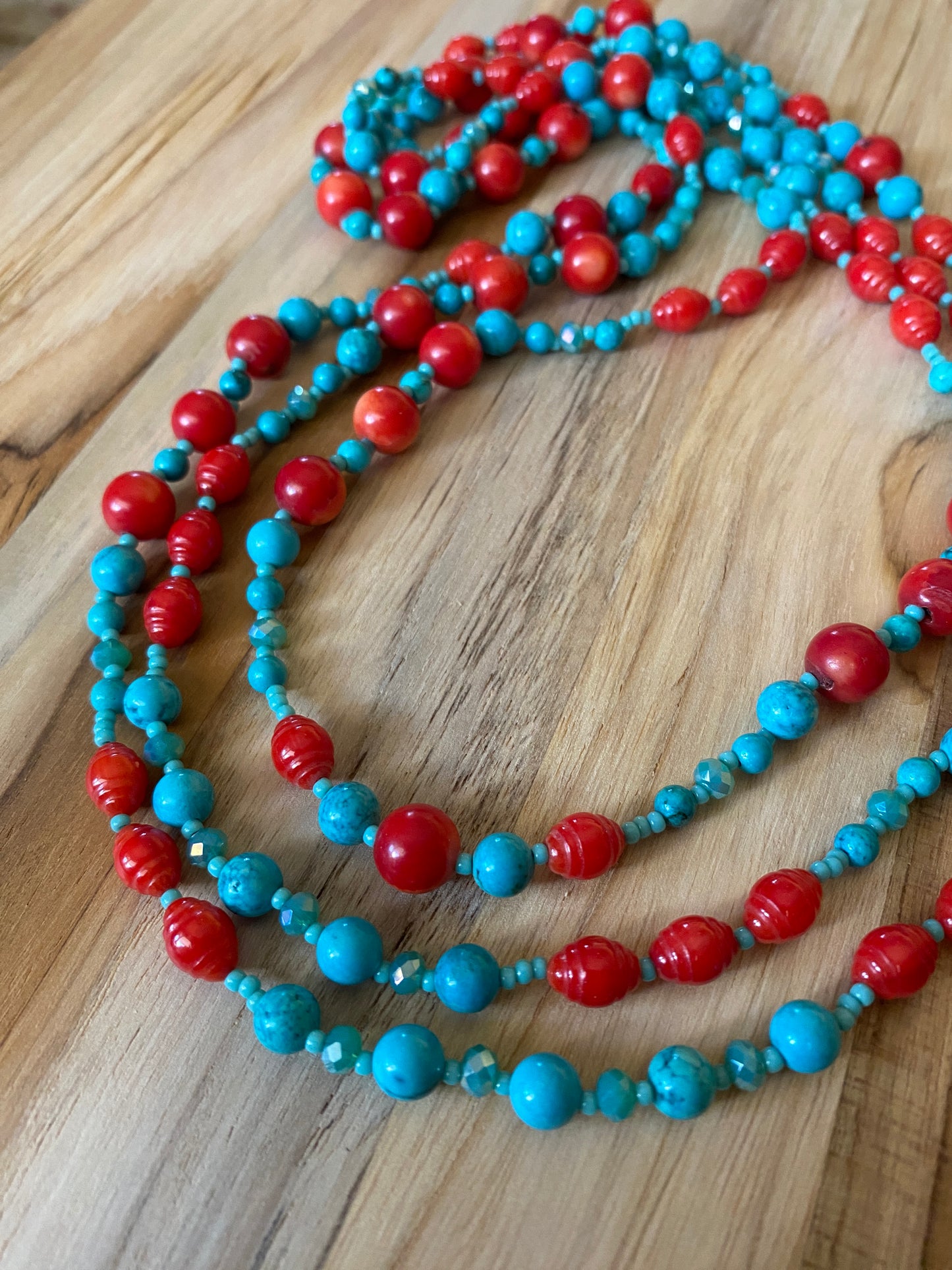 65" Long Southwestern Inspired Turquoise, Red & Crystal Beaded Necklace