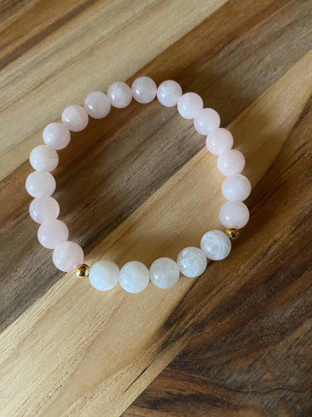 Rainbow Moonstone and Madagascar Rose Quartz Beaded Stretch Bracelet with Gold Beads