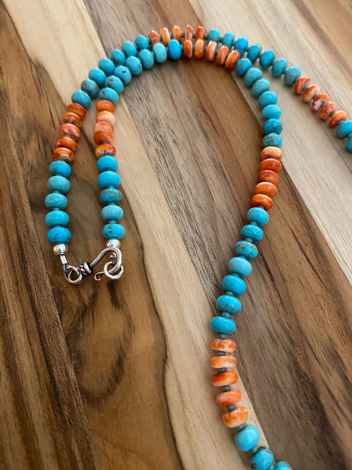 Nevada Blue Turquoise Beaded Necklace with Orange Spiny Oyster and Sterling Silver