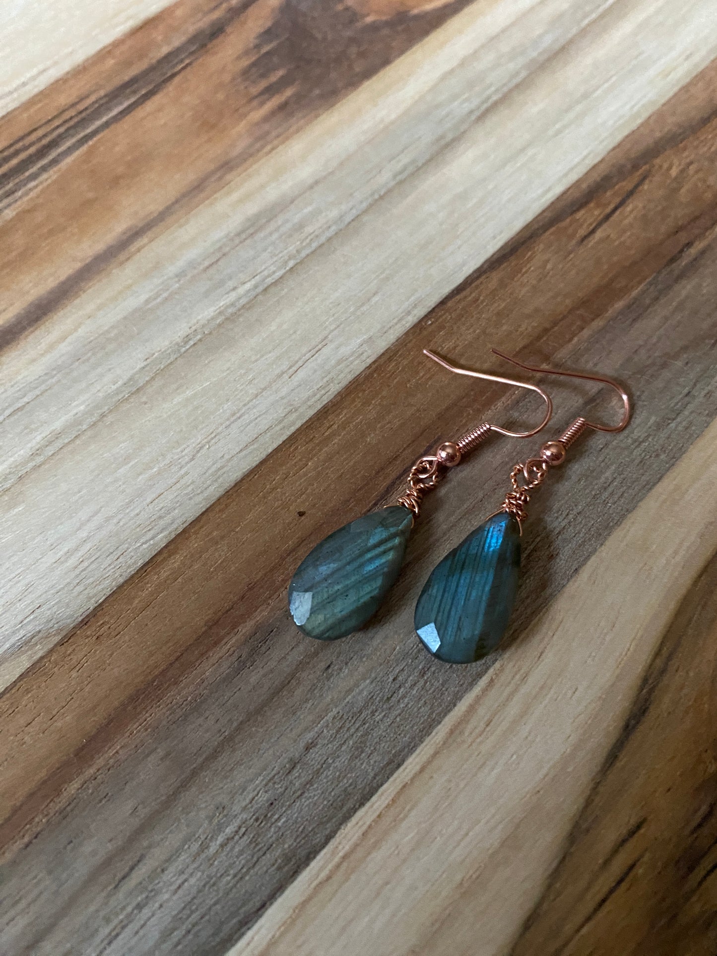 Copper Wire Wrapped Labradorite Briolette Dangle Earrings