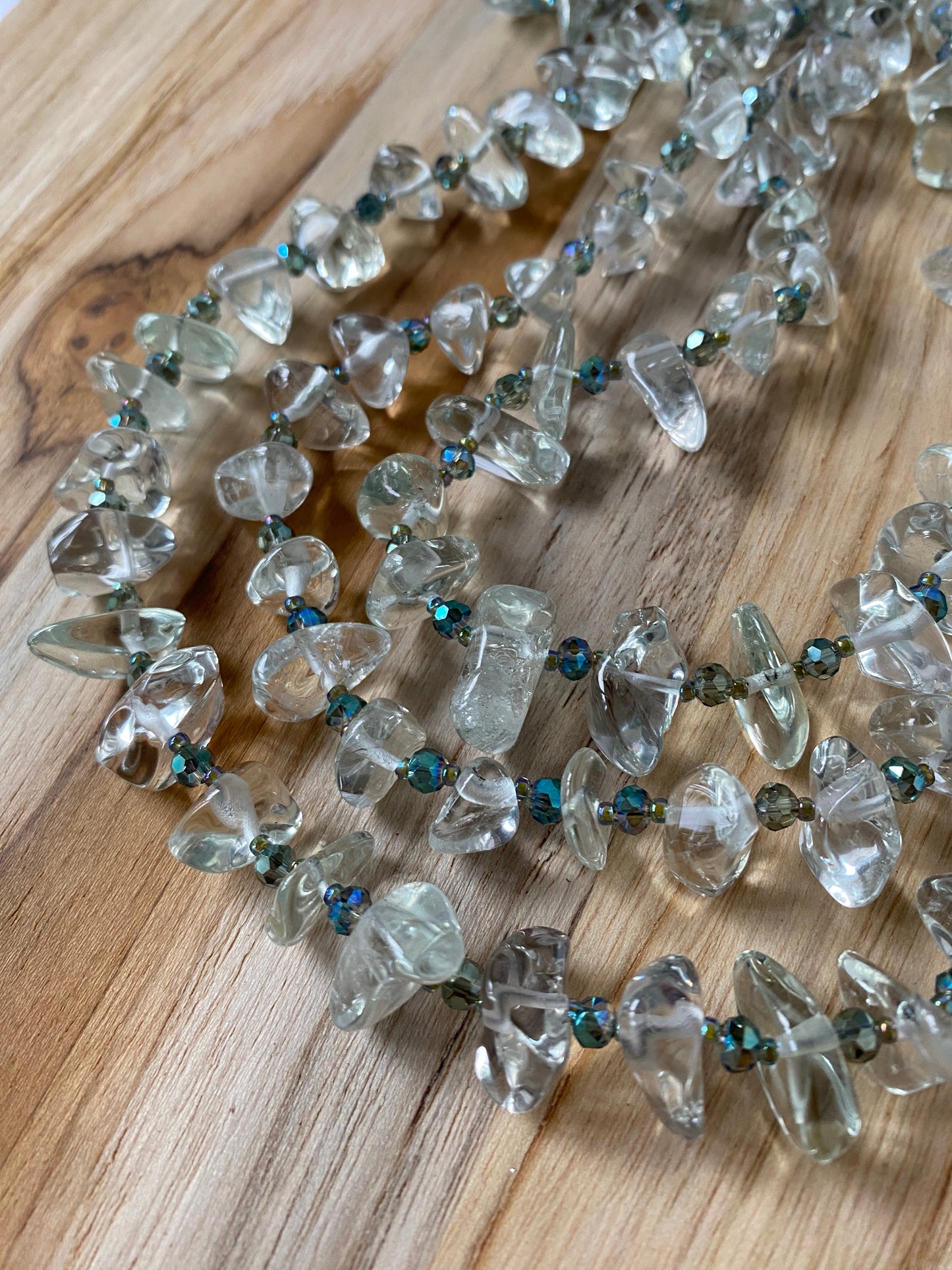 60" Extra Long Green Amethyst Tumbled Chip Bead Necklace with Crystal Beads