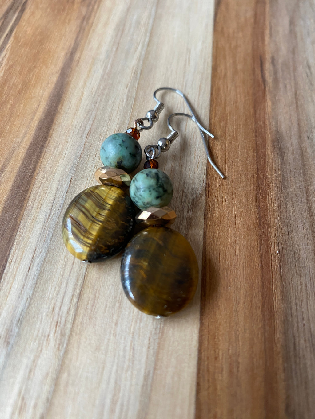 Tigereye and African Turquoise Dangle Earrings with Rose Gold