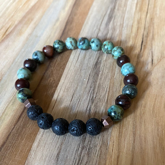 Unisex Aromatherapy Beaded Stretch Bracelet with African Turquoise Tigereye & Lava Stone Beads