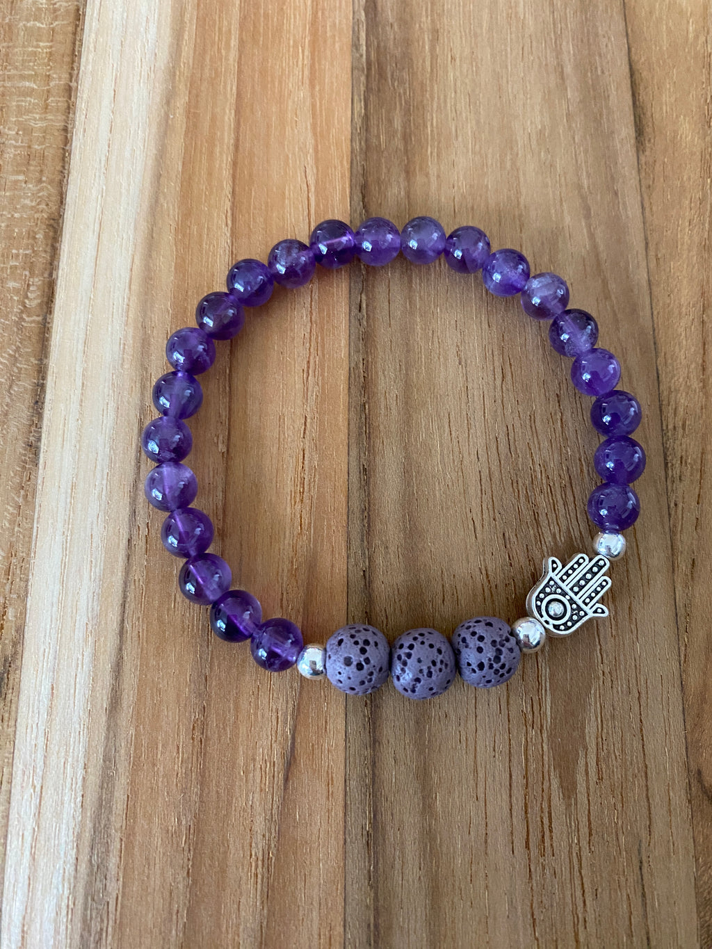 Amethyst Aromatherapy Beaded Stretch Bracelet with Hamsa -My Urban Gems
