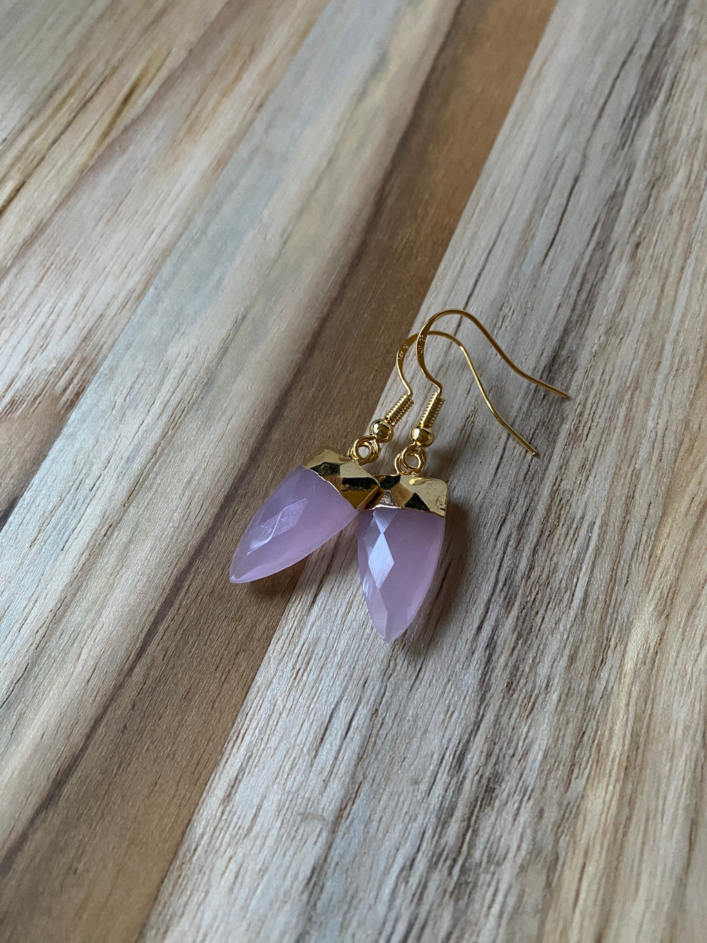 Rose Chalcedony Trillion Shaped Dangle Earrings with Gold