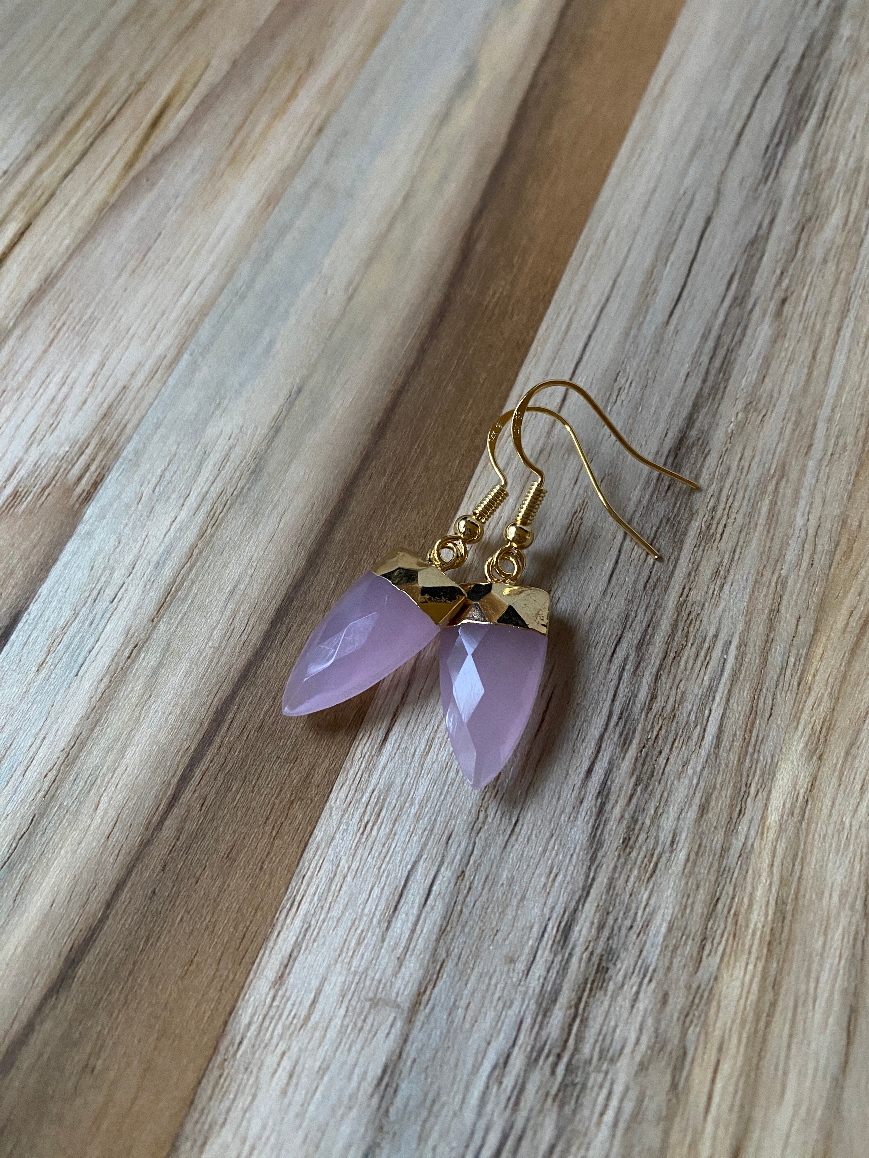 Rose Chalcedony Trillion Shaped Dangle Earrings with Gold
