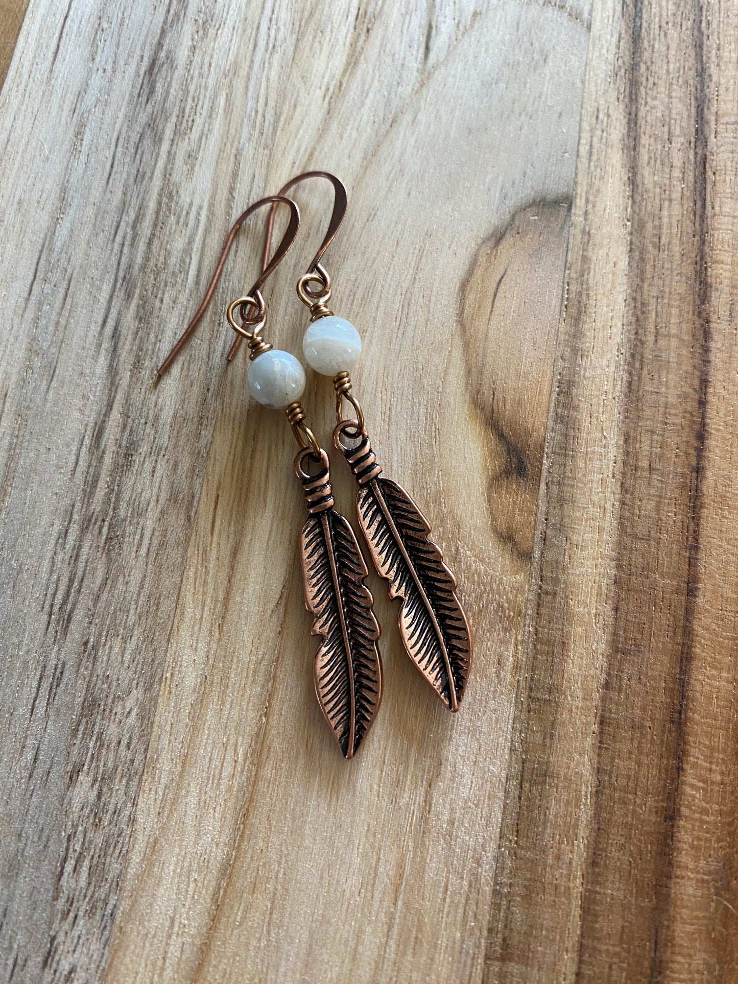 Antique Copper Feather Dangle Earrings with Moonstone Beads