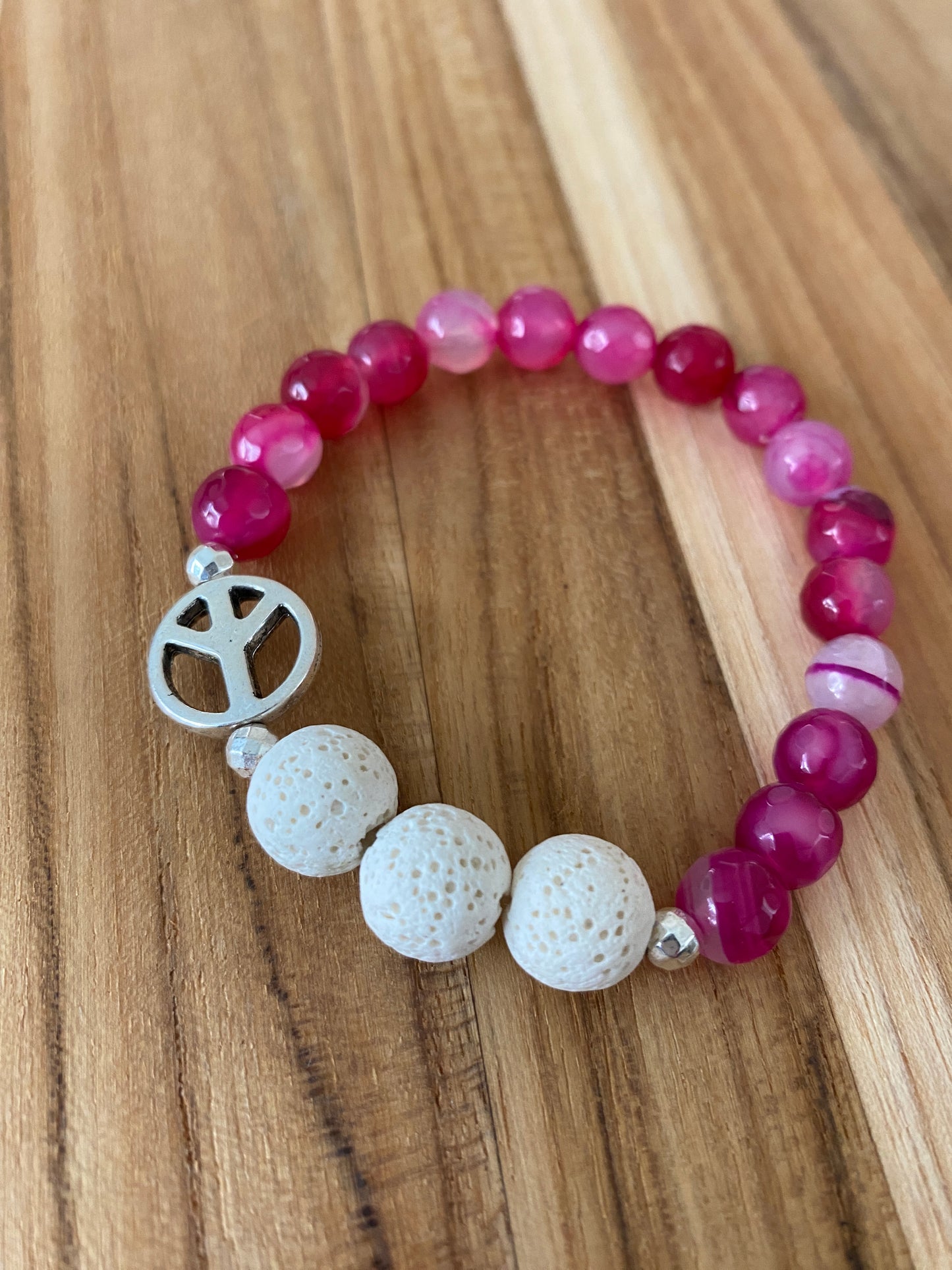 Pink Agate Beaded Aromatherapy Stretch Bracelet with Peace Sign