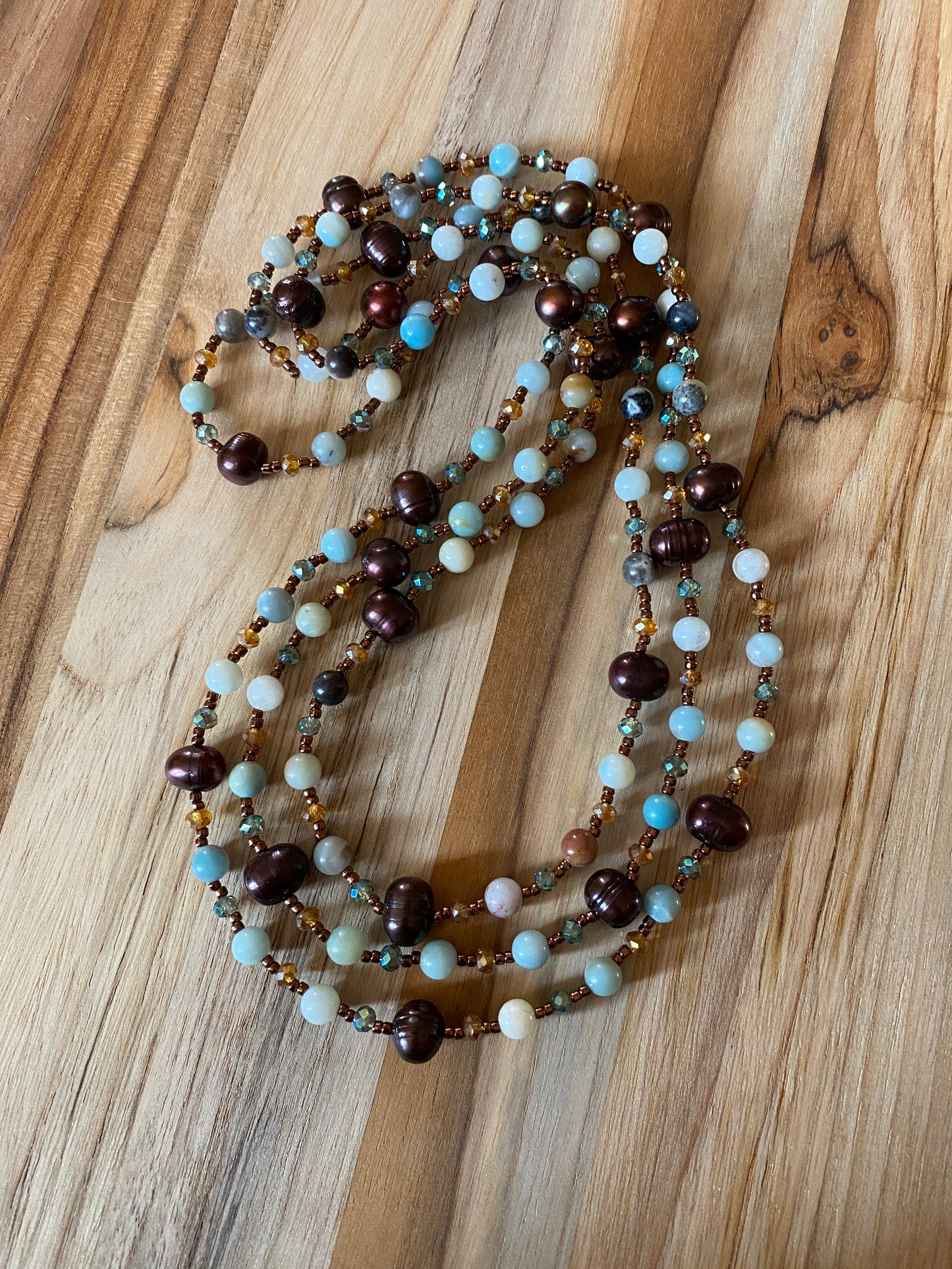 Extra Long Wraparound Dark Brown Chocolate Freshwater Pearl Beaded Necklace with Amazonite and Crystal Beads