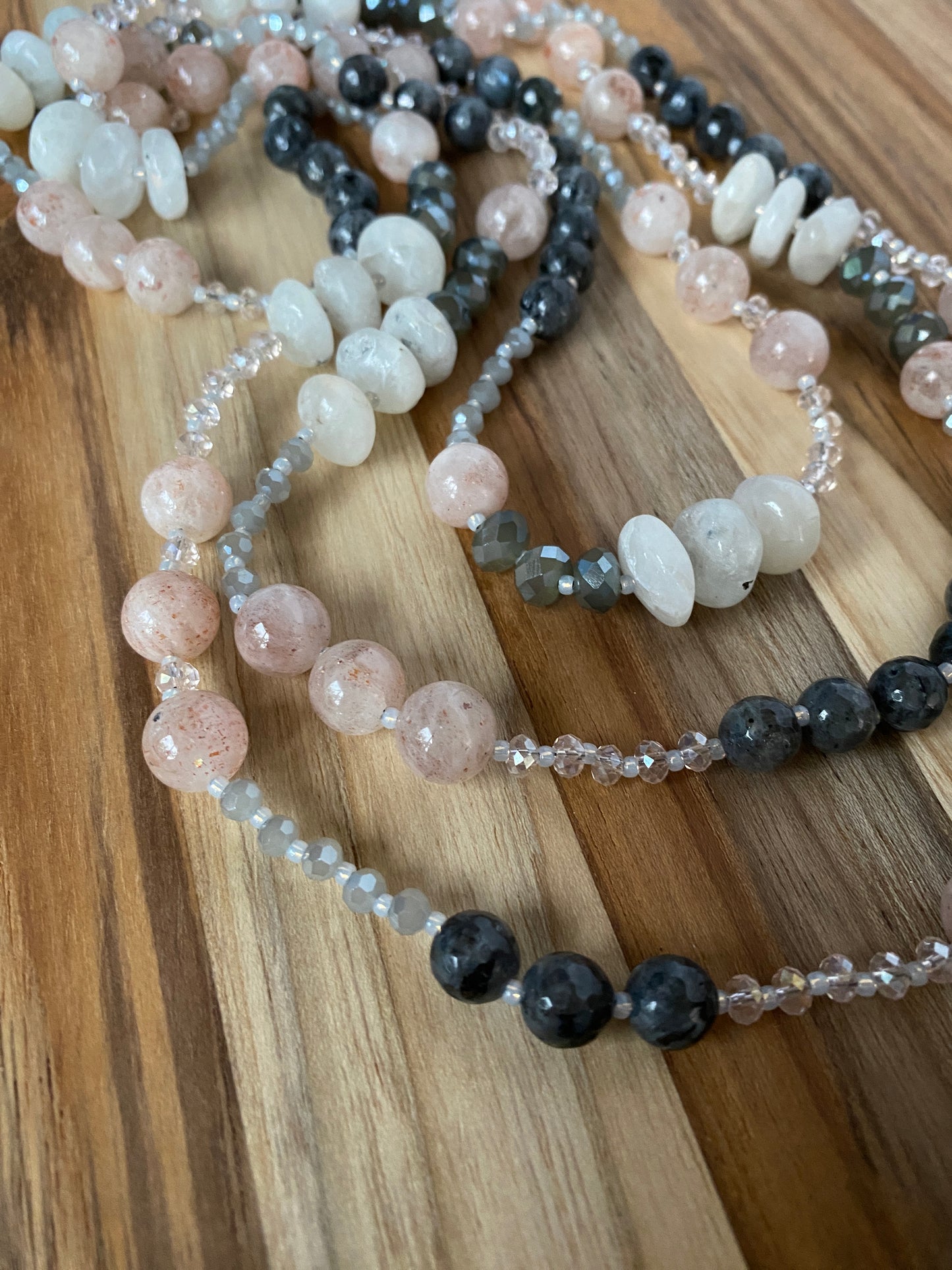 63" Long Wraparound Cherry Quartz, Labradorite, Moonstone & Crystal Beaded Necklace