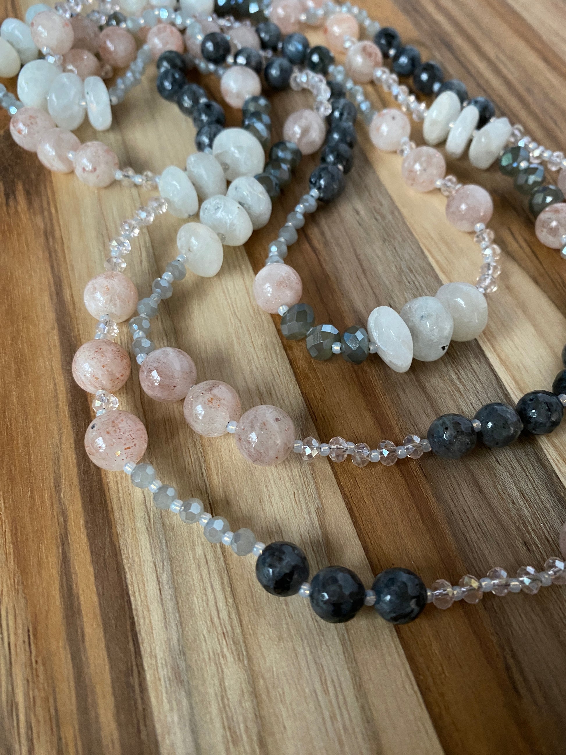 63" Long Wraparound Cherry Quartz, Labradorite, Moonstone & Crystal Beaded Necklace - My Urban Gems