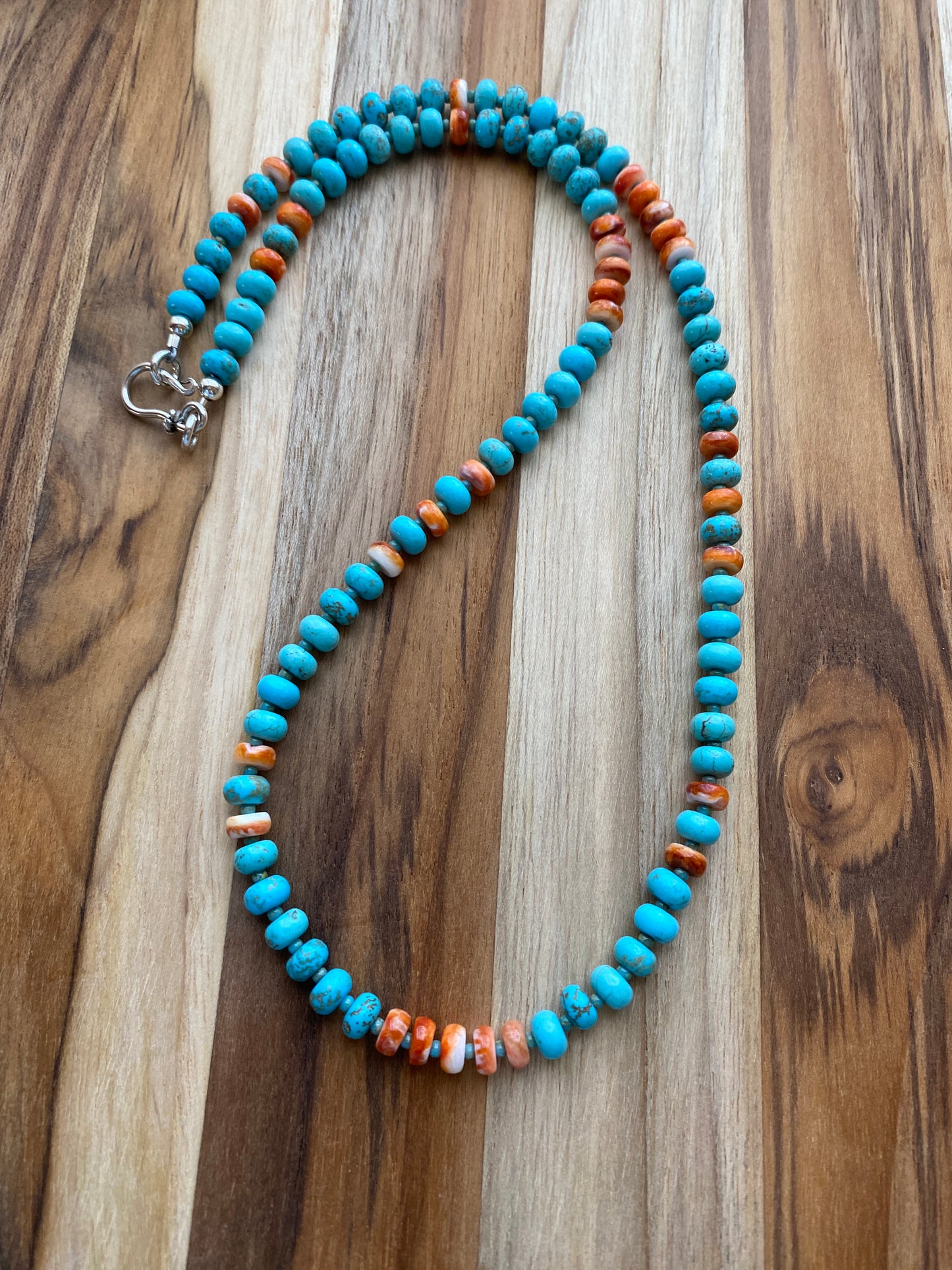 Nevada Blue Turquoise and Orange Spiny Oyster Beaded Necklace with Sterling Silver