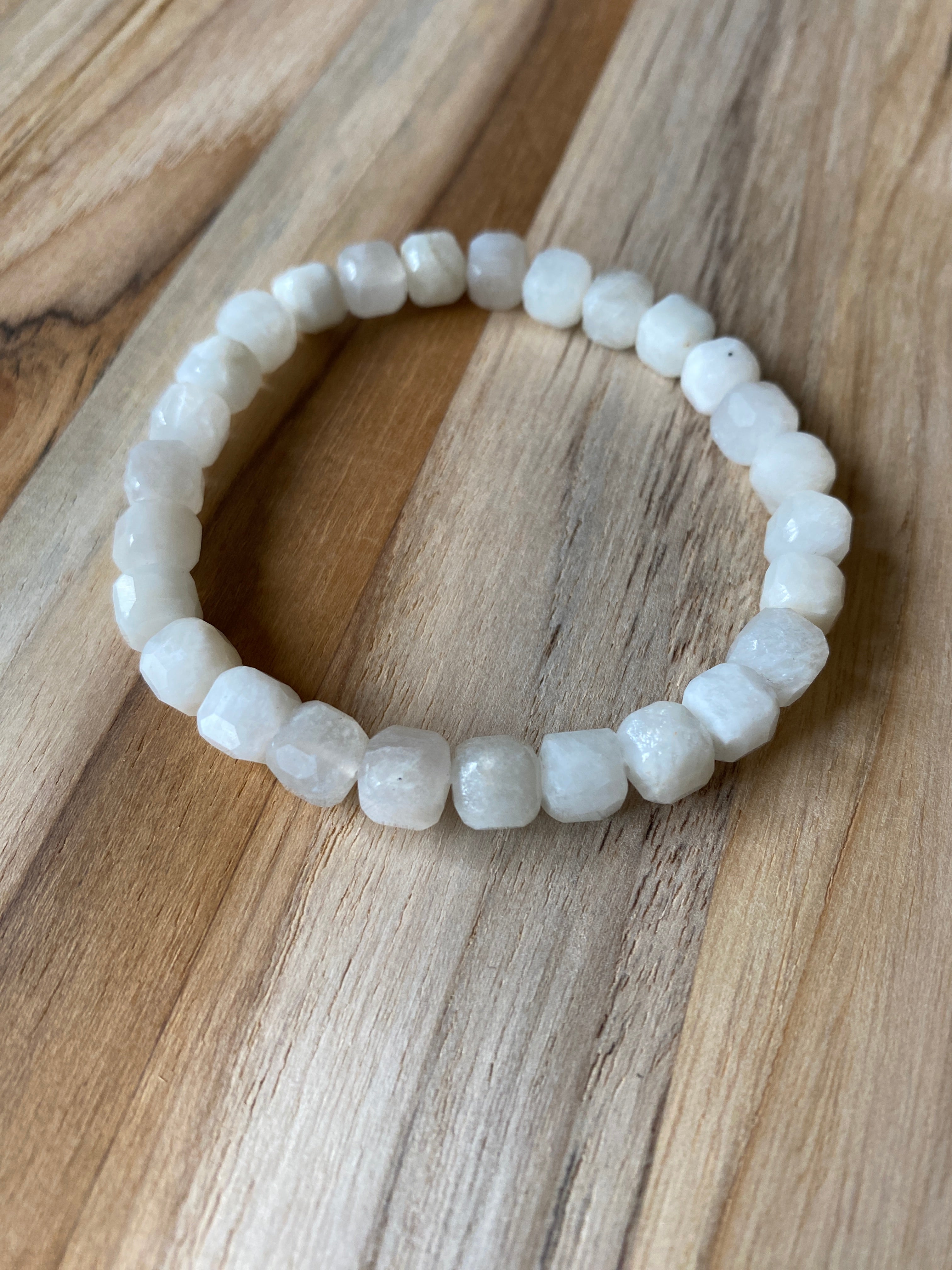 Faceted Squares Moonstone Beaded Stretch Bracelet