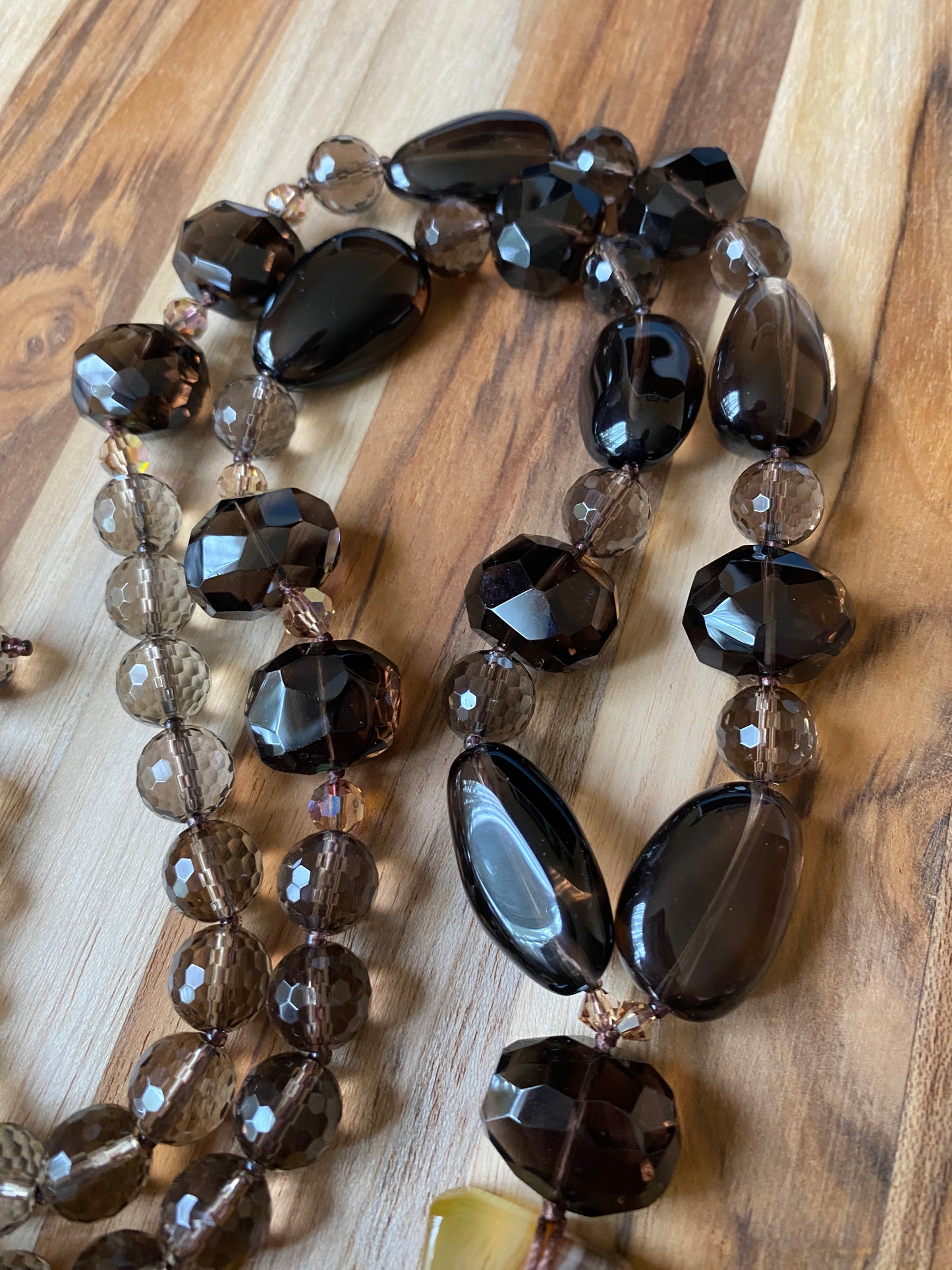 28" Long Brown Stripes Agate Cross Necklace with Smoky Quartz & Crystal Beads