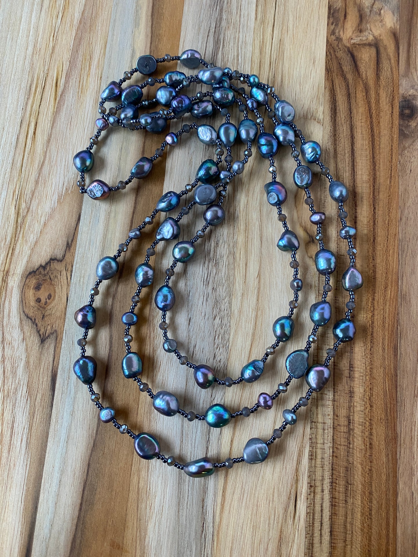 60" Extra Long Beaded Grey Peacock Freshwater Pearl Necklace with Crystal Beads