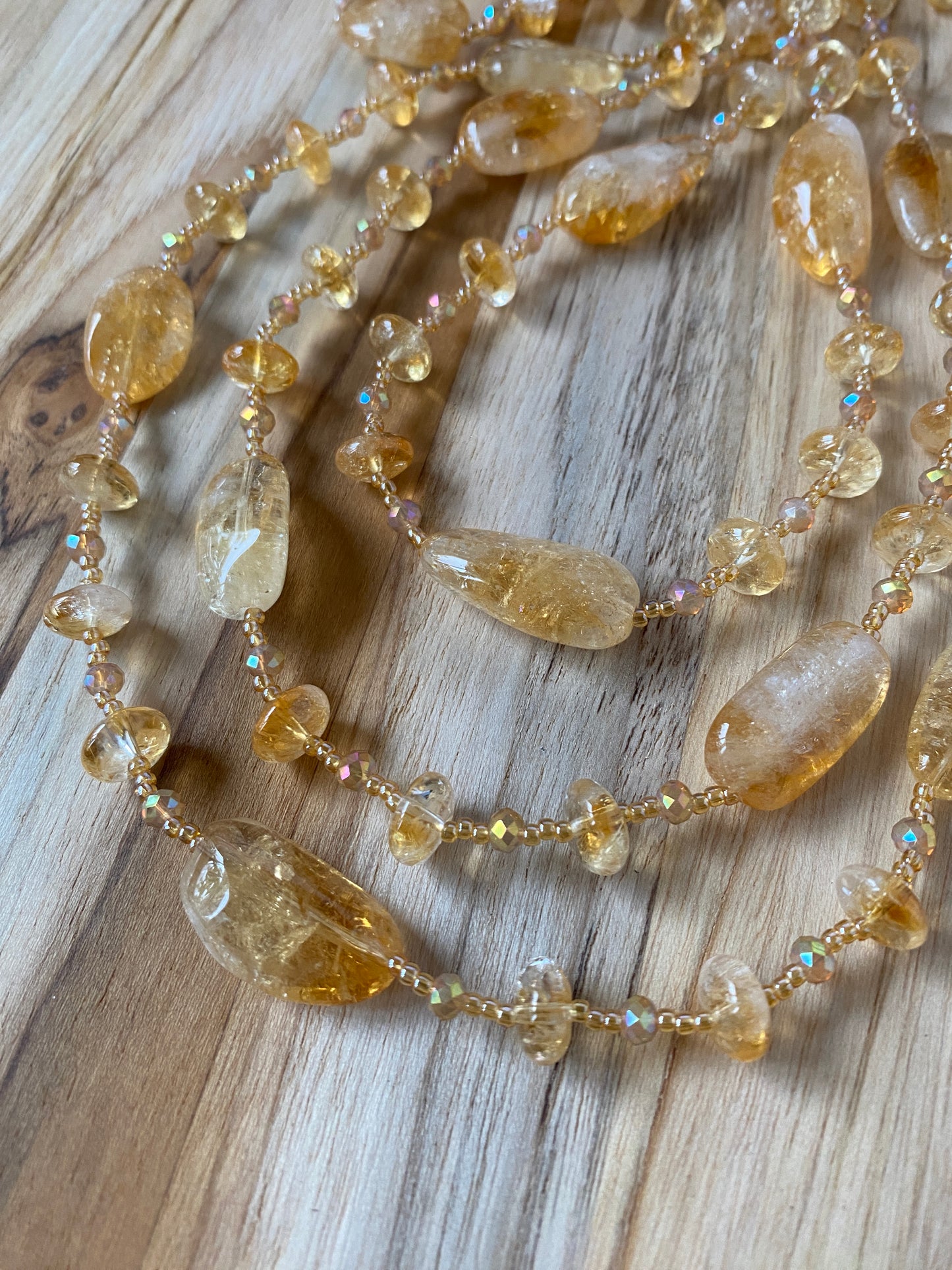 60" Long Citrine Wraparound Beaded Necklace with Crystal Beads