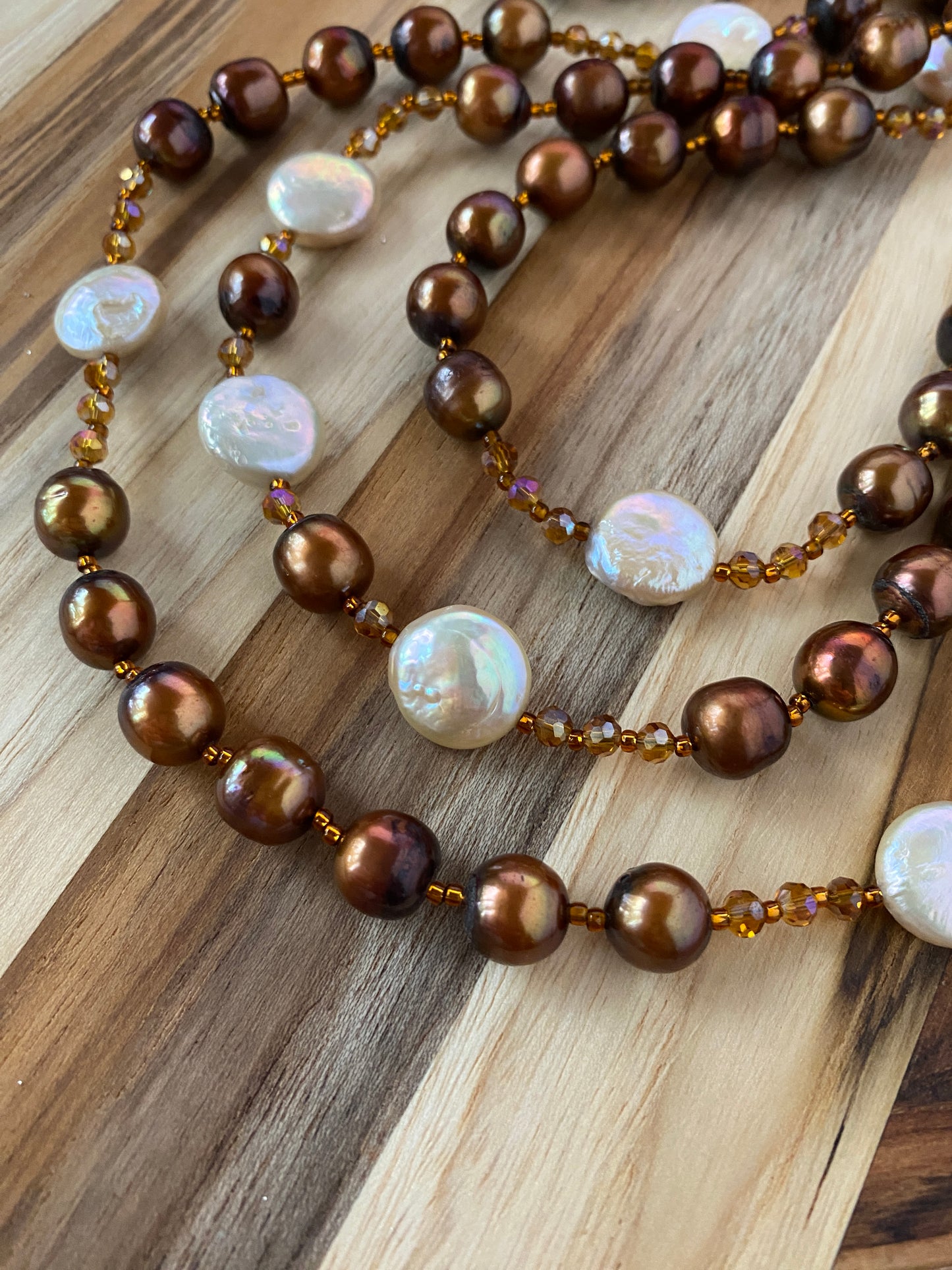 60" Extra Long Beaded Necklace with Brown, & Pale Peach Pearls & Crystal Beads