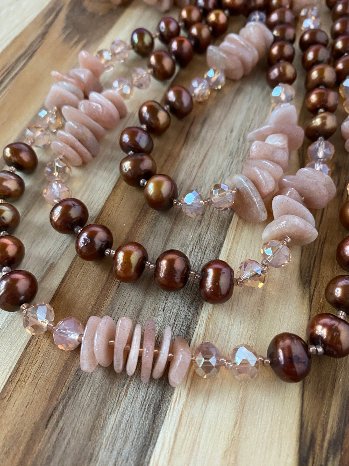 60" Extra Long Beaded Necklace with Brown Pearls, Sunstone Chips & Crystal Beads