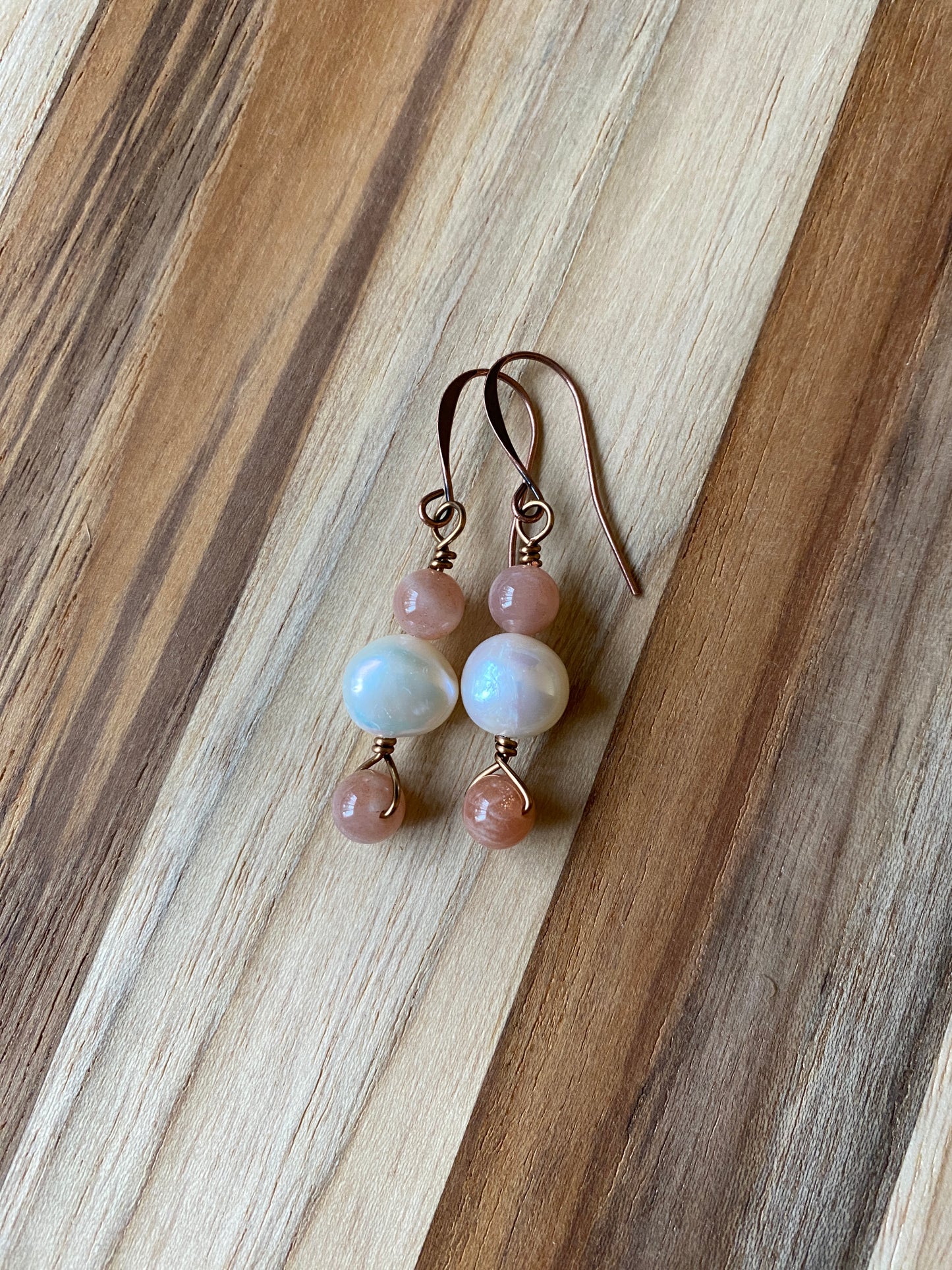 White Freshwater Pearl and Sunstone Dangle Earrings with Copper