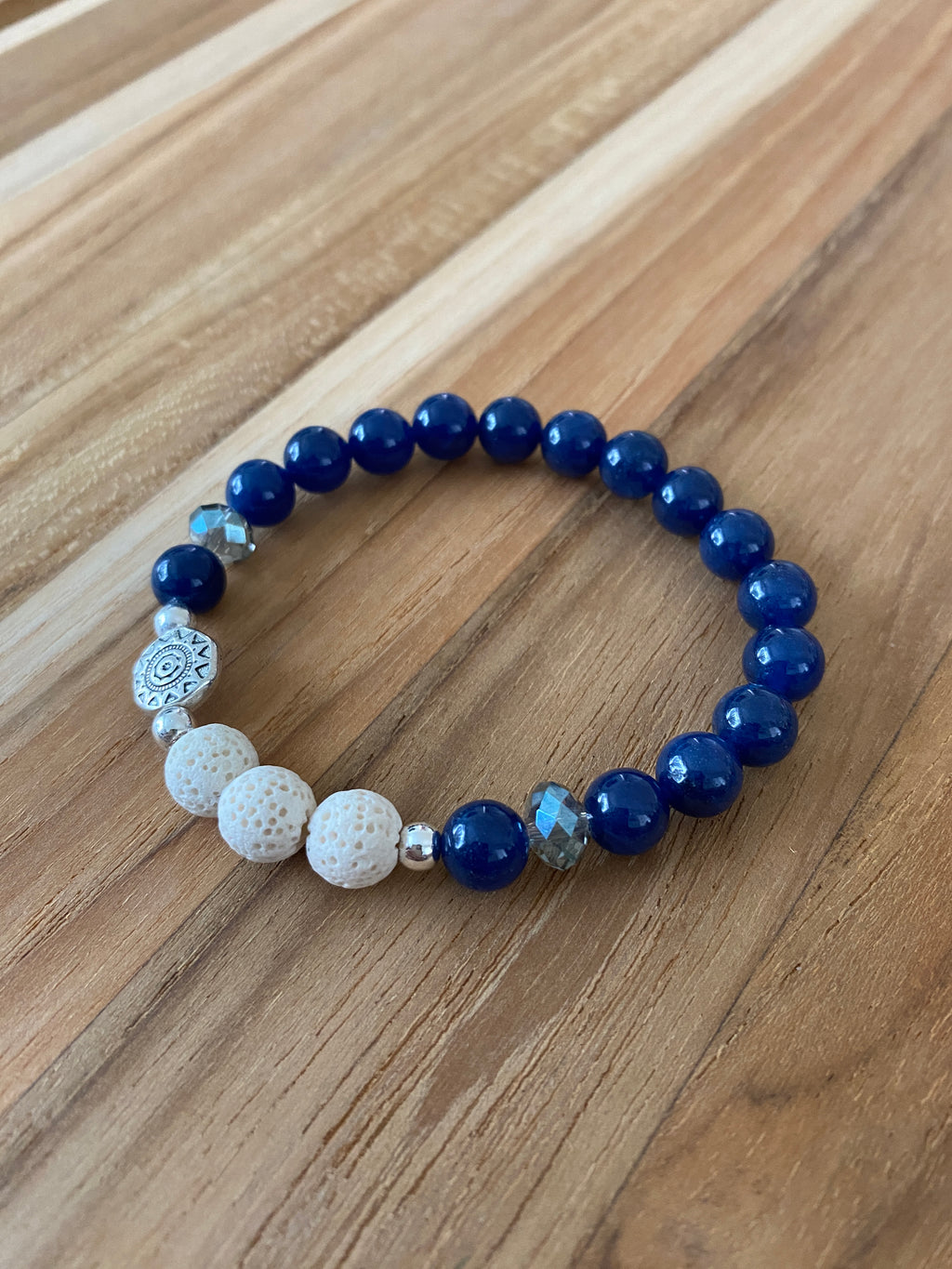 Sapphire Blue Stone Beaded Aromatherapy Stretch Bracelet with Aztec Sun