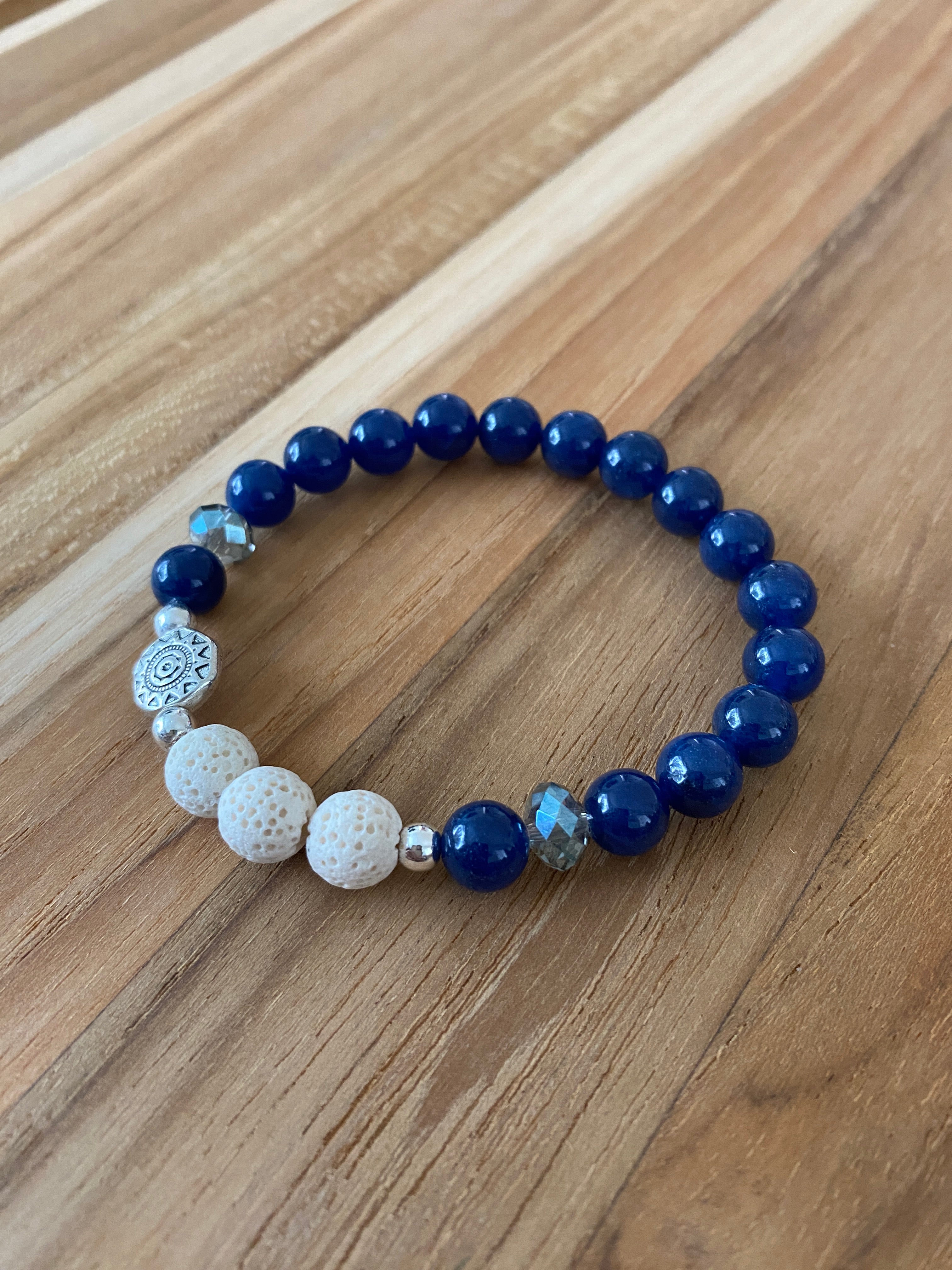 Sapphire Blue Stone Beaded Aromatherapy Stretch Bracelet with Aztec Sun