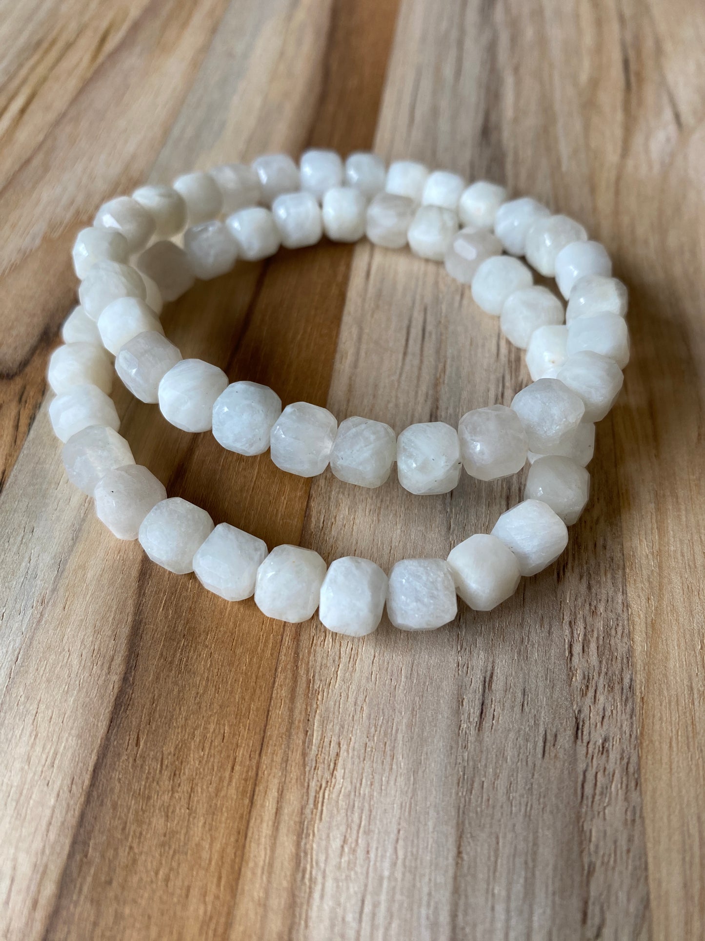 Faceted Squares Moonstone Beaded Stretch Bracelet