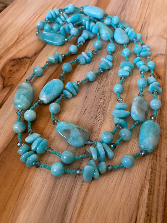 60" Extra Long Aqua Blue Beaded Amazonite Wraparound Necklace with Crystal & Seed Beads