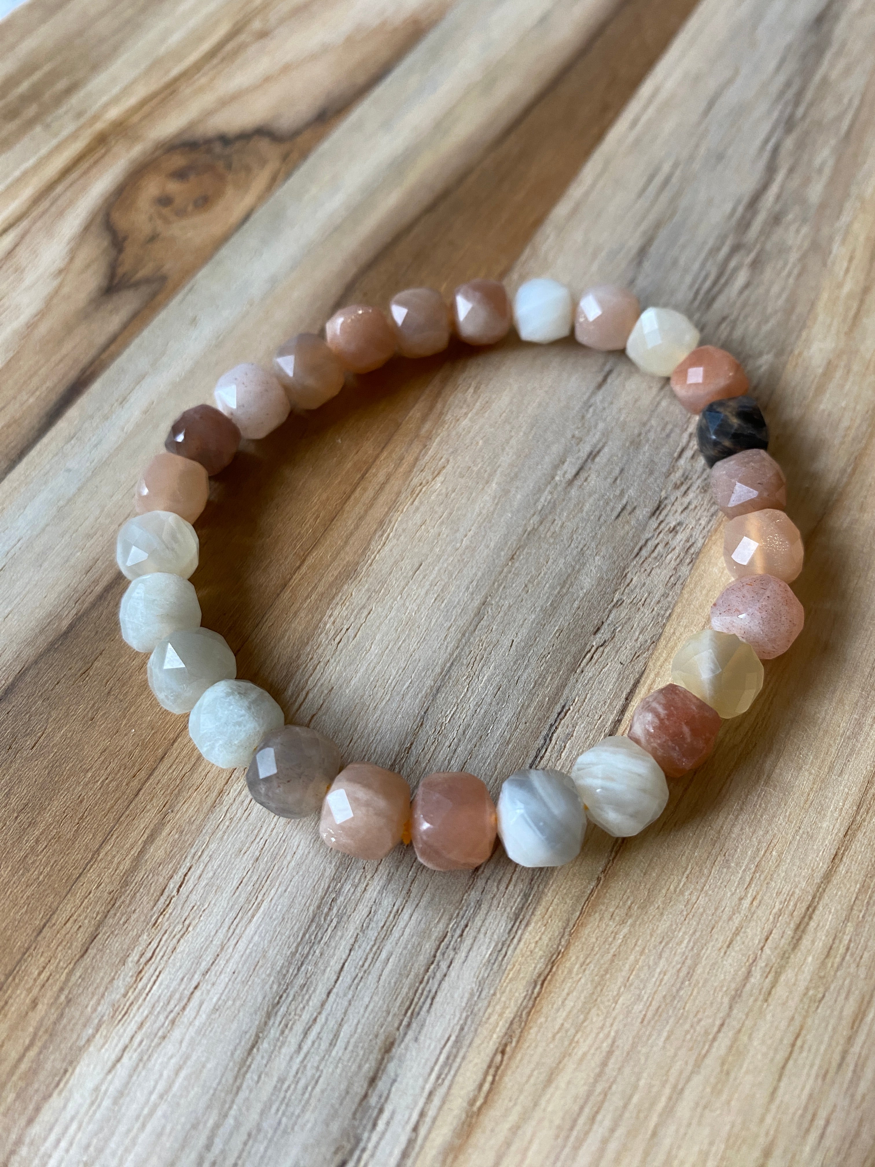 Multi-colored Moonstone and Sunstone Faceted Square Beaded Stretch Bracelet