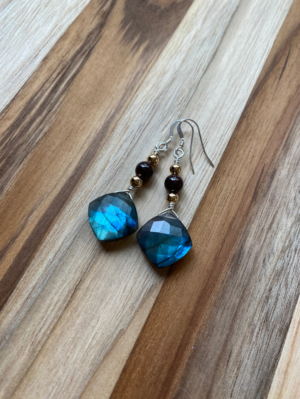 Stunning Blue Flash Labradorite Briolette Dangle Earrings with Garnet