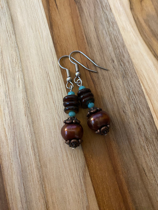 Chocolate Brown Freshwater Pearl, Shell, Turquoise Crystal & Copper Dangle Earrings - My Urban Gems