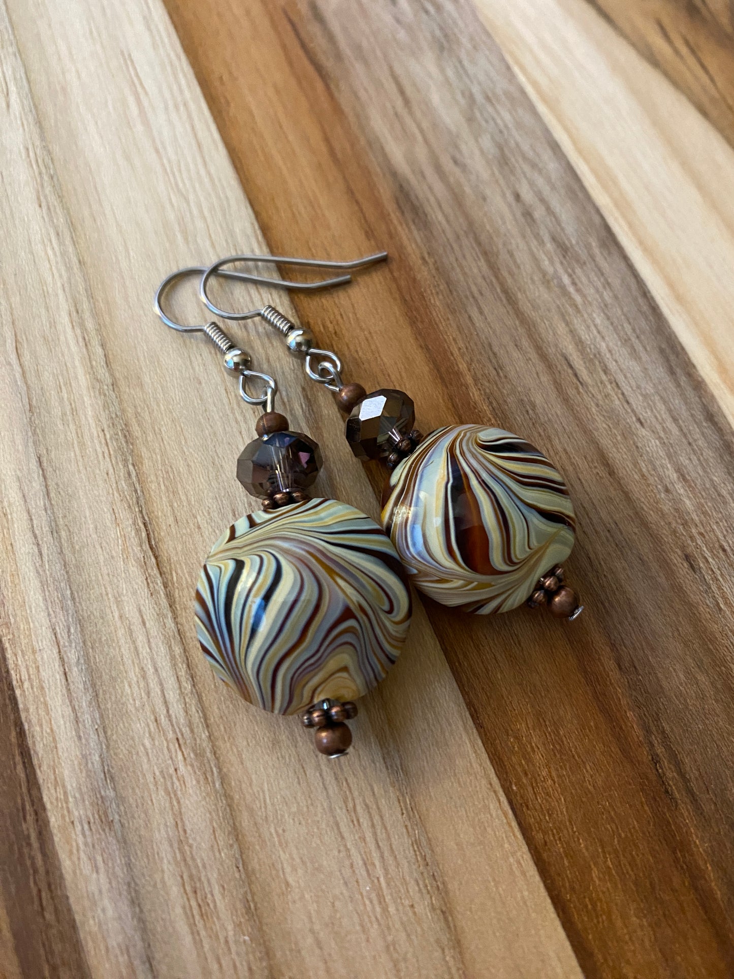 Cream & Brown Swirl Glass Dangle Earrings with Copper & Crystal Accents