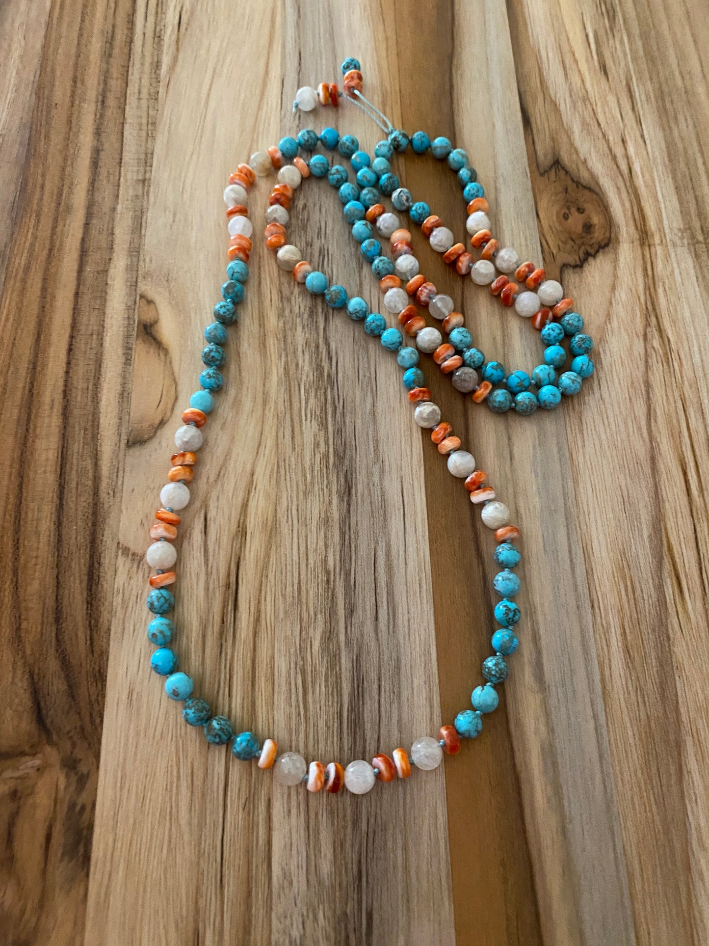 Natural Nevada Turquoise Orange Spiny Oyster and moonstone Beaded Necklace