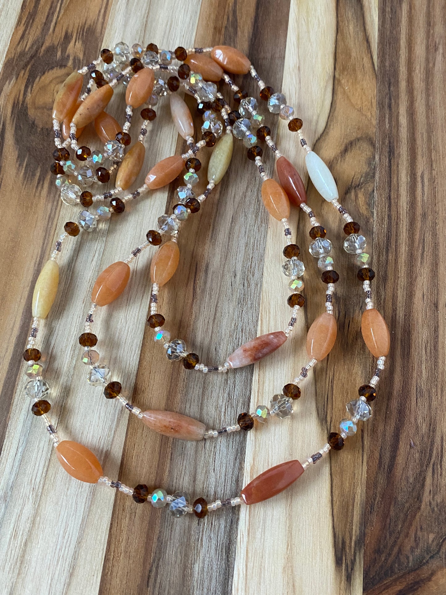 60" Extra Long Agate Beaded Necklace with Brown & Champagne Crystal Beads