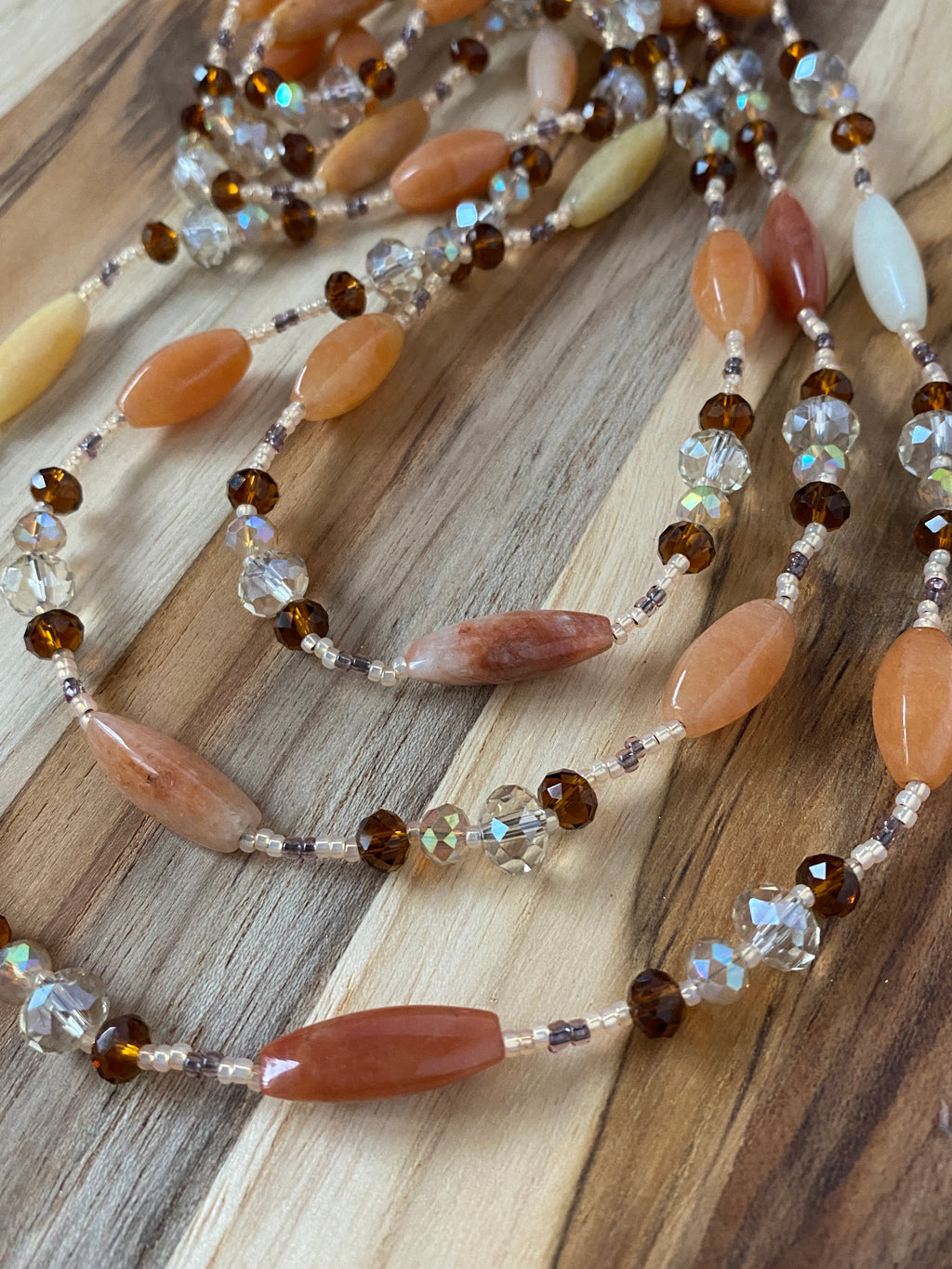 60" Extra Long Agate Beaded Necklace with Brown & Champagne Crystal Beads my urban gems