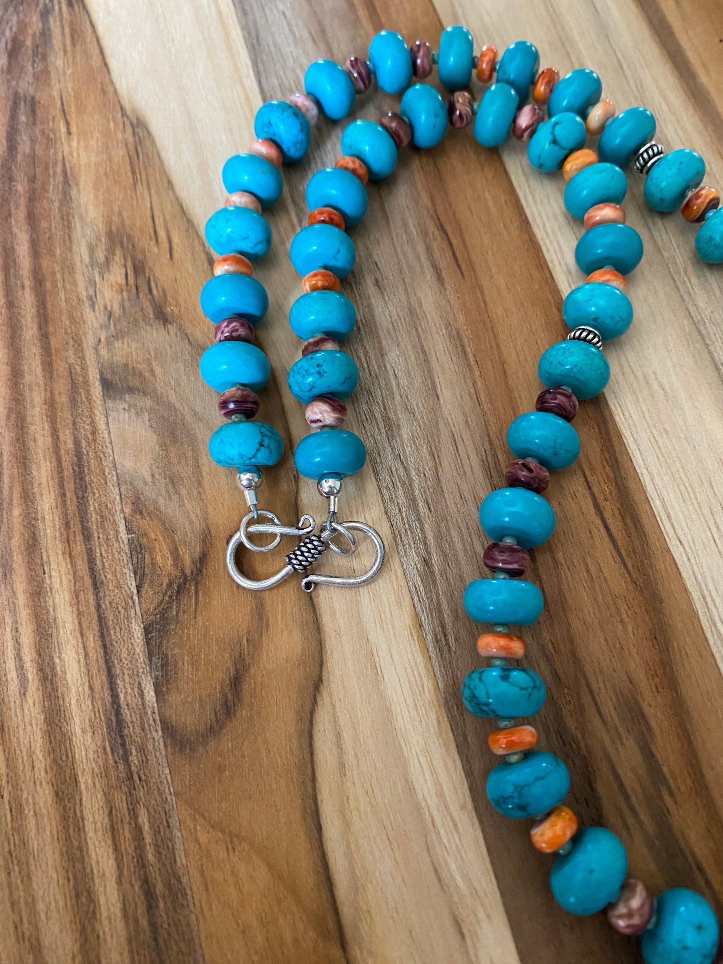 Turquoise and Spiny Oyster Beaded Necklace with Silver