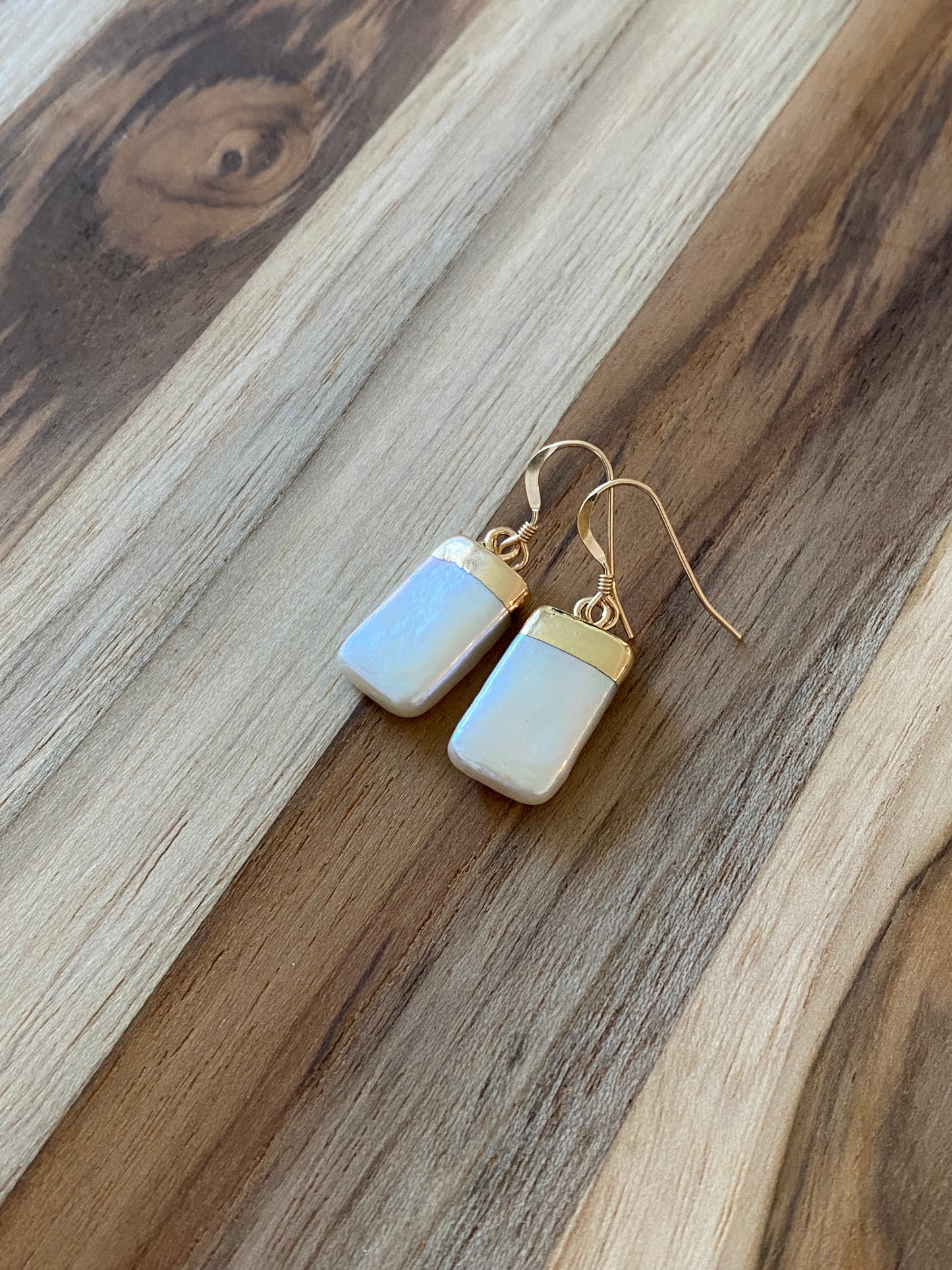 White Rectangle Genuine Freshwater Pearl Dangle Earrings with Gold